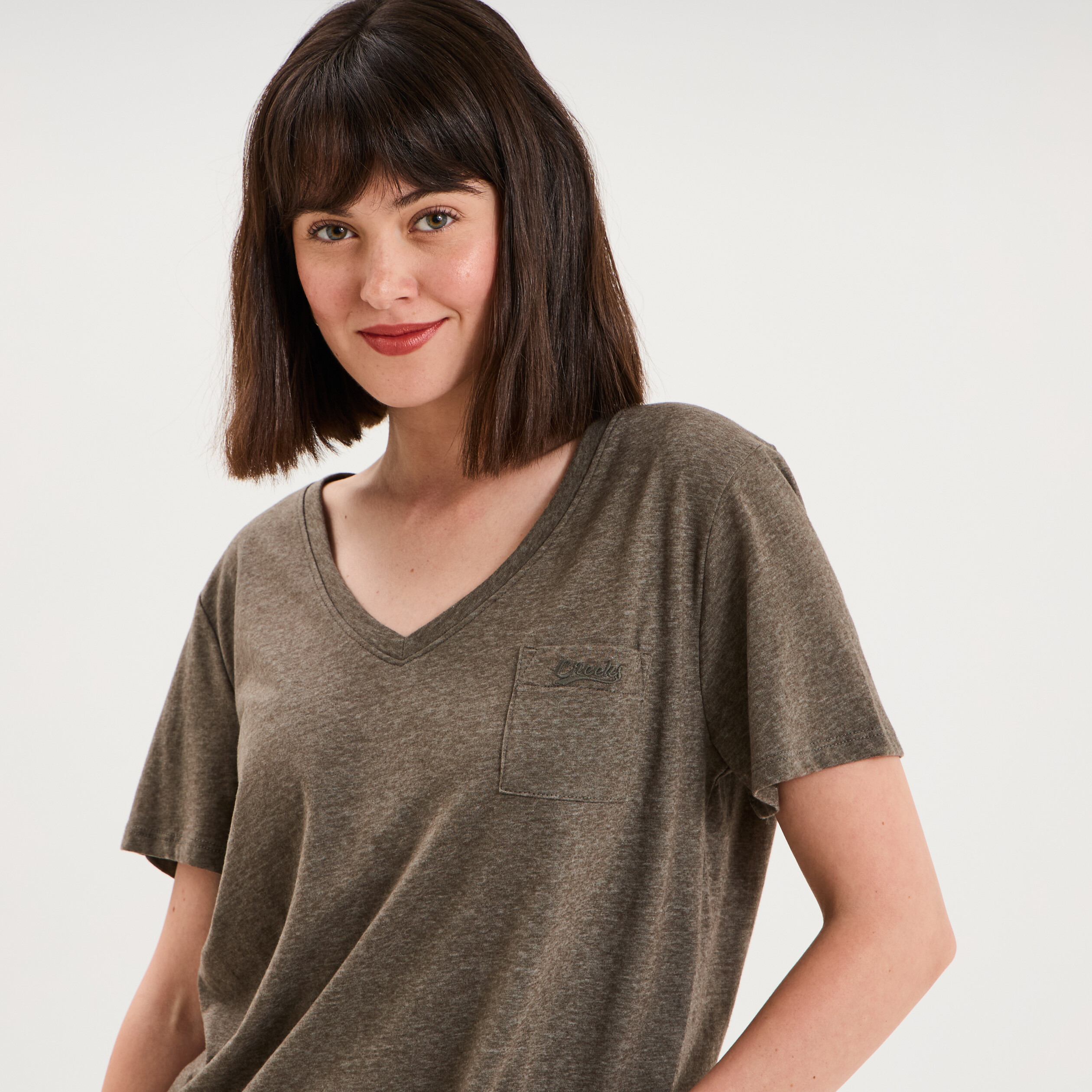 T-shirt col en V manches courtes vert kaki femme