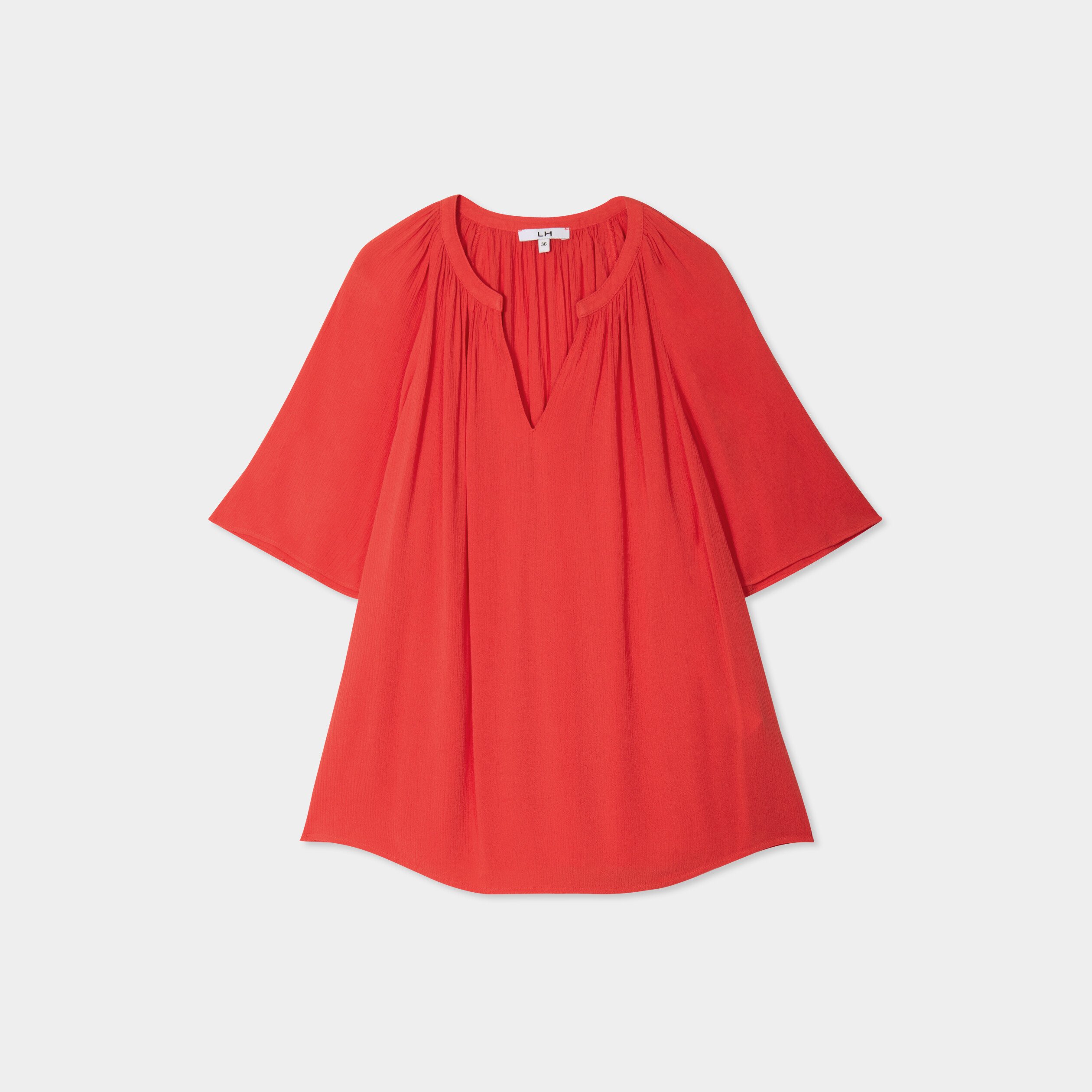 blouse manches papillons col tunisien rouge femme Blouse manches papillons col tunisien rouge femme