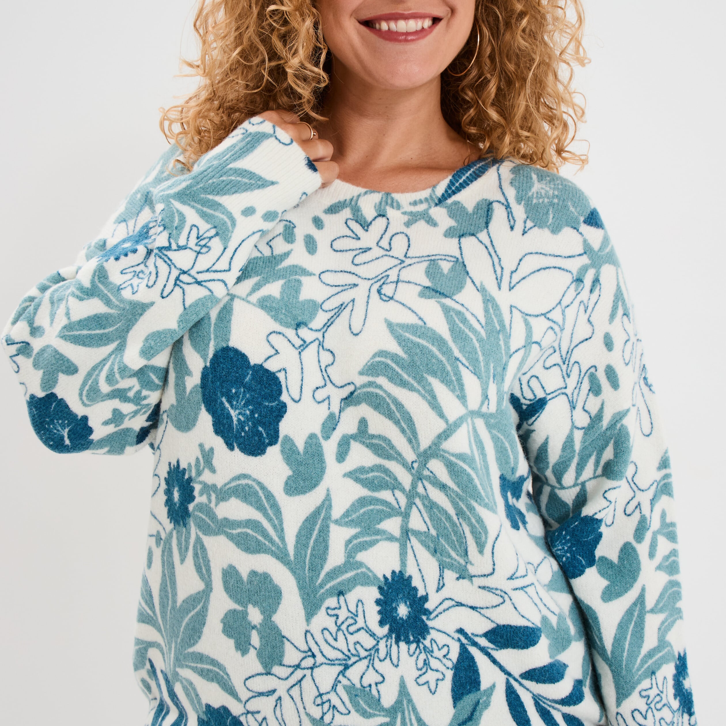 Pull col rond manches longues ecru femme grande taille