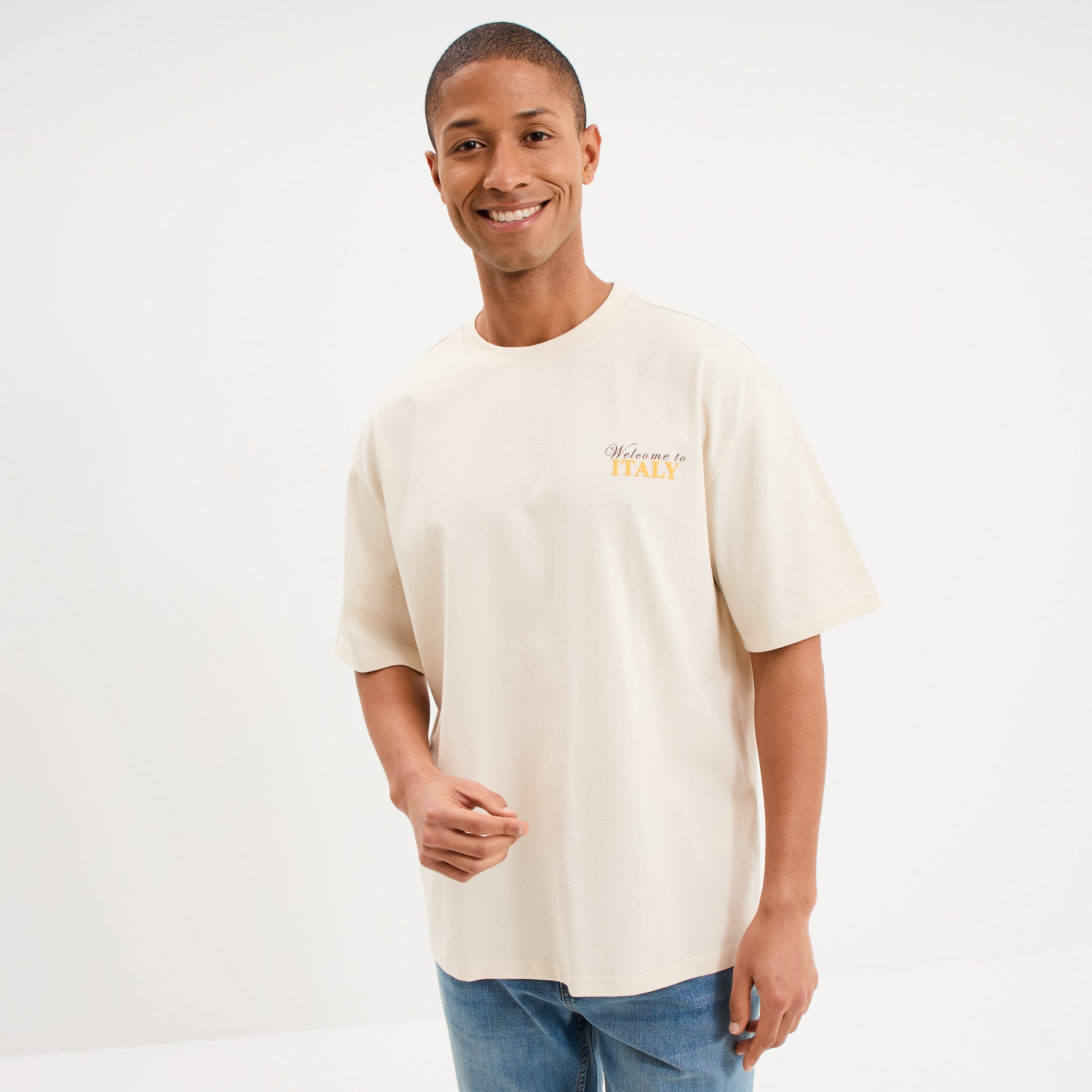 T-shirt col rond relax coton &eacute;pais ecru homme
