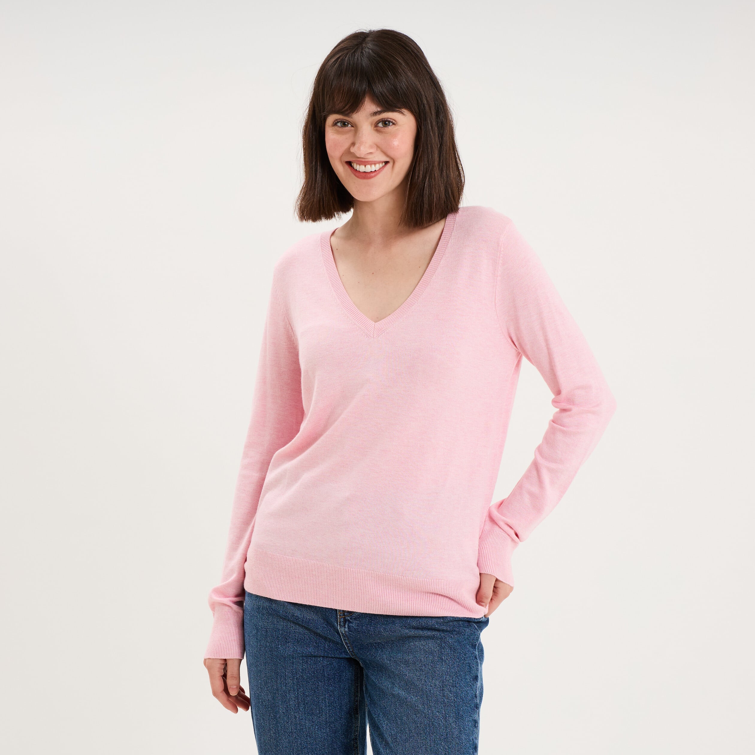Pull col en V manches longues rose clair femme