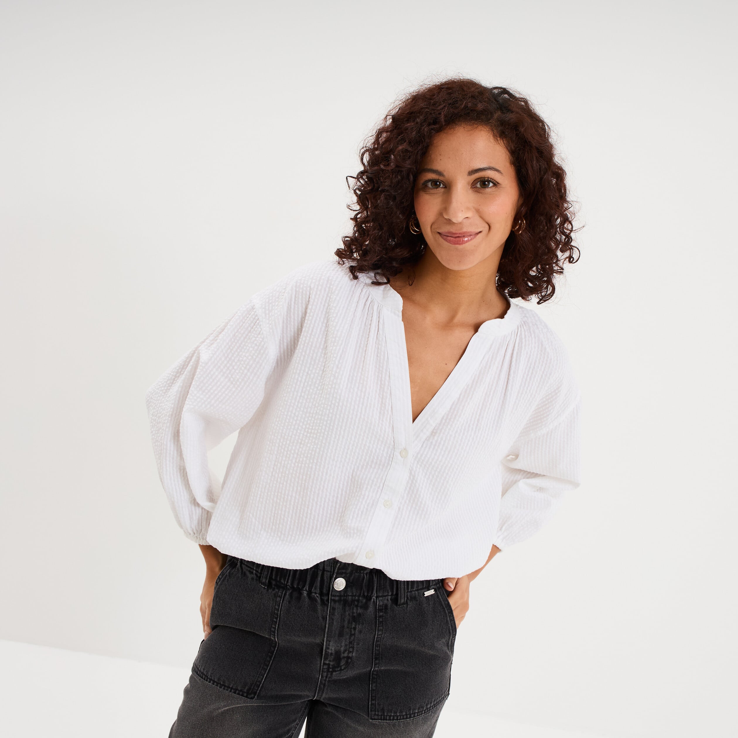 Blouse col tunisien manches 3/4 coton blanc femme