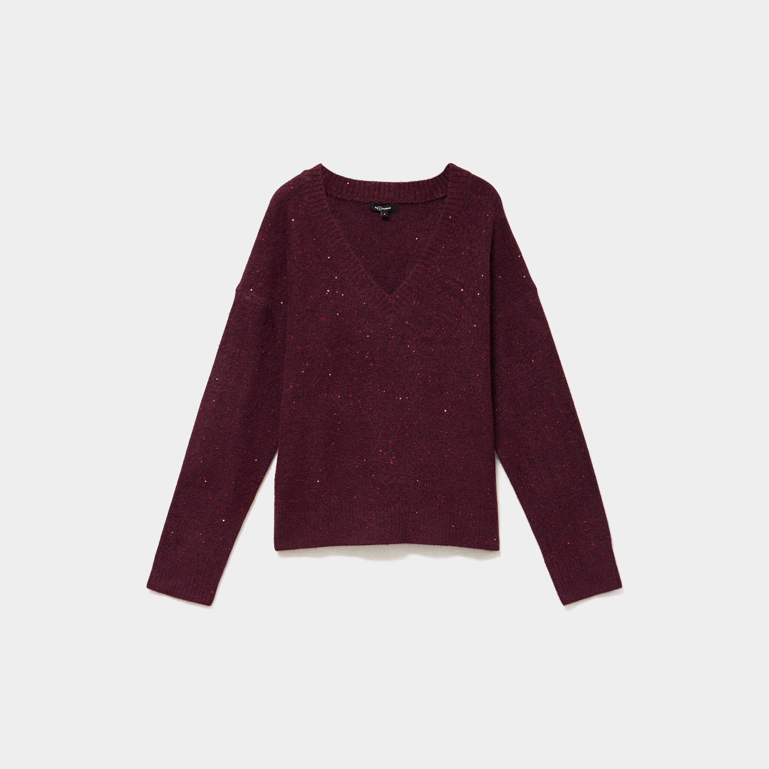 Pull droit &agrave; sequins et col en V prune femme