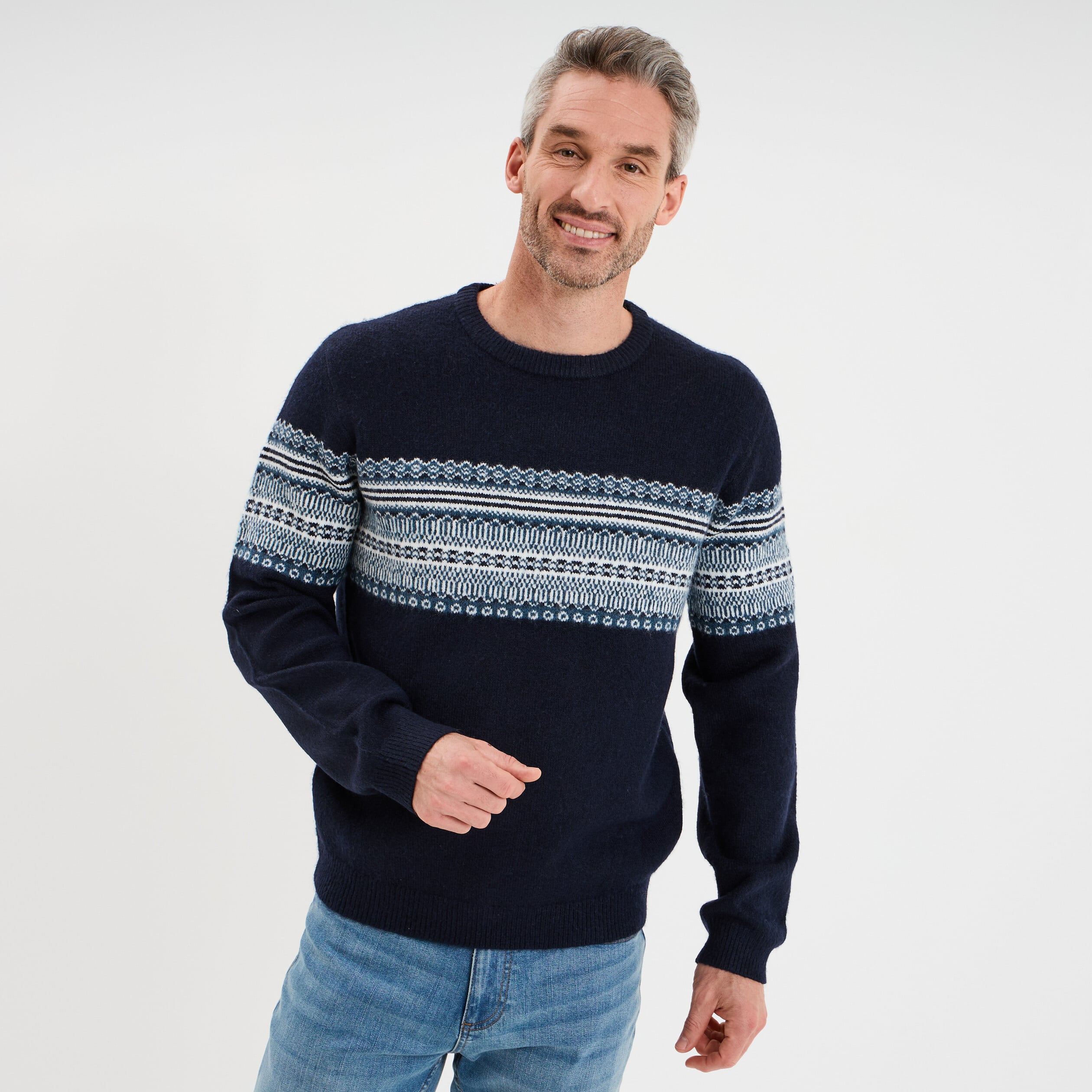 Pull jacquard col rond manches longues bleu fonc&eacute; homme