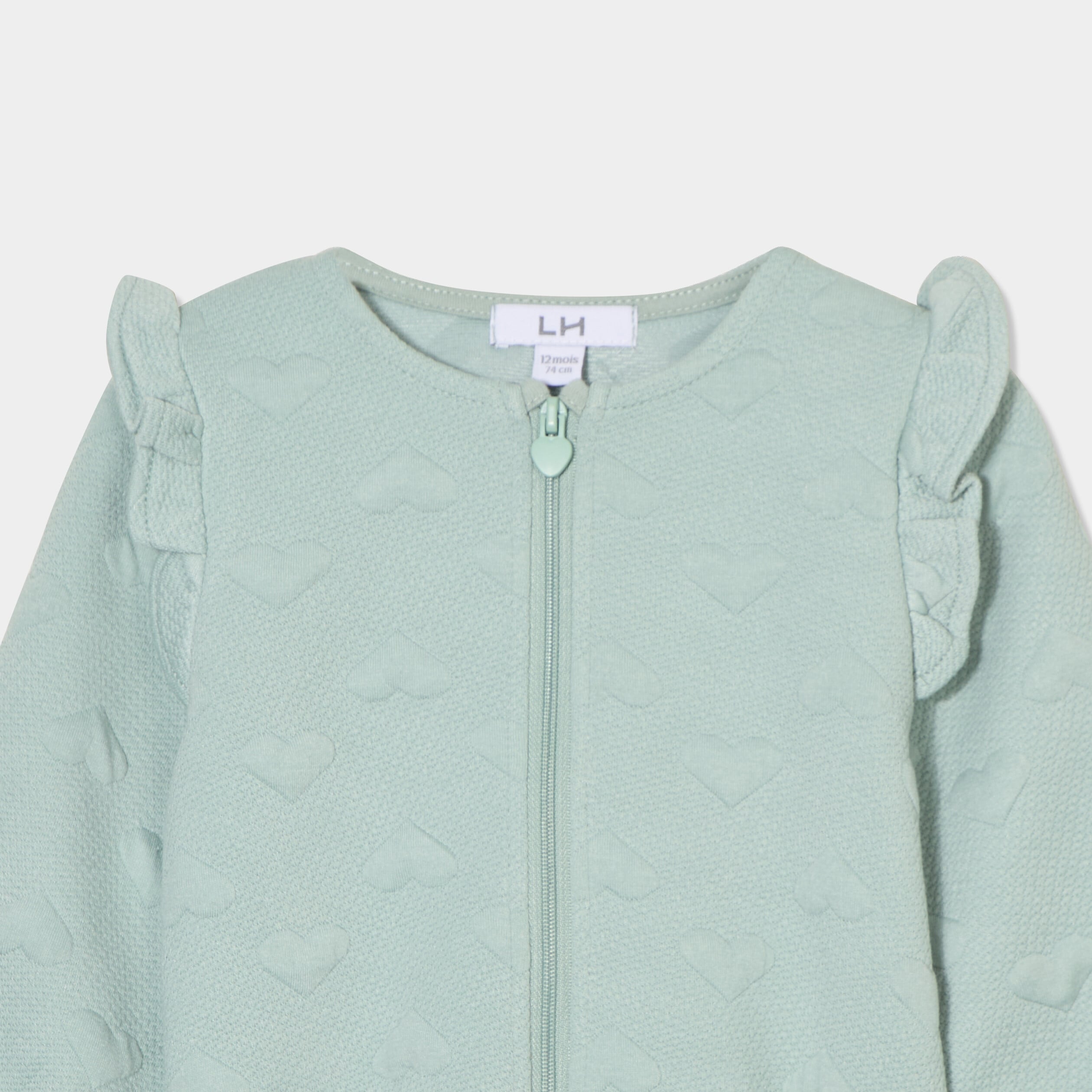 Gilet zipp&eacute; matelass&eacute; coeur &agrave; volants vert pastel b&eacute;b&eacute; fille
