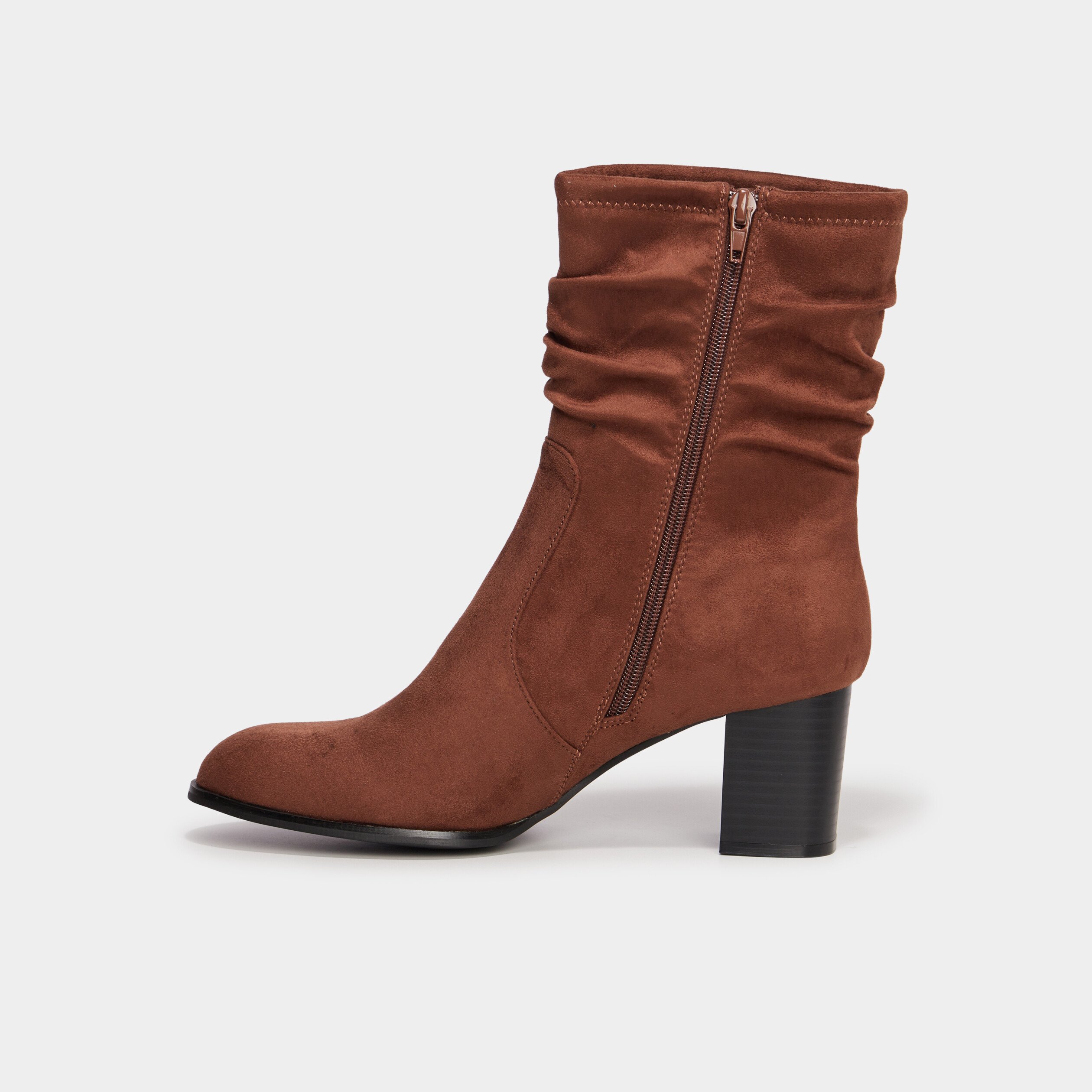 bottines plissees aspect daim a talons marron femme Bottines plissées aspect daim à talons marron femme