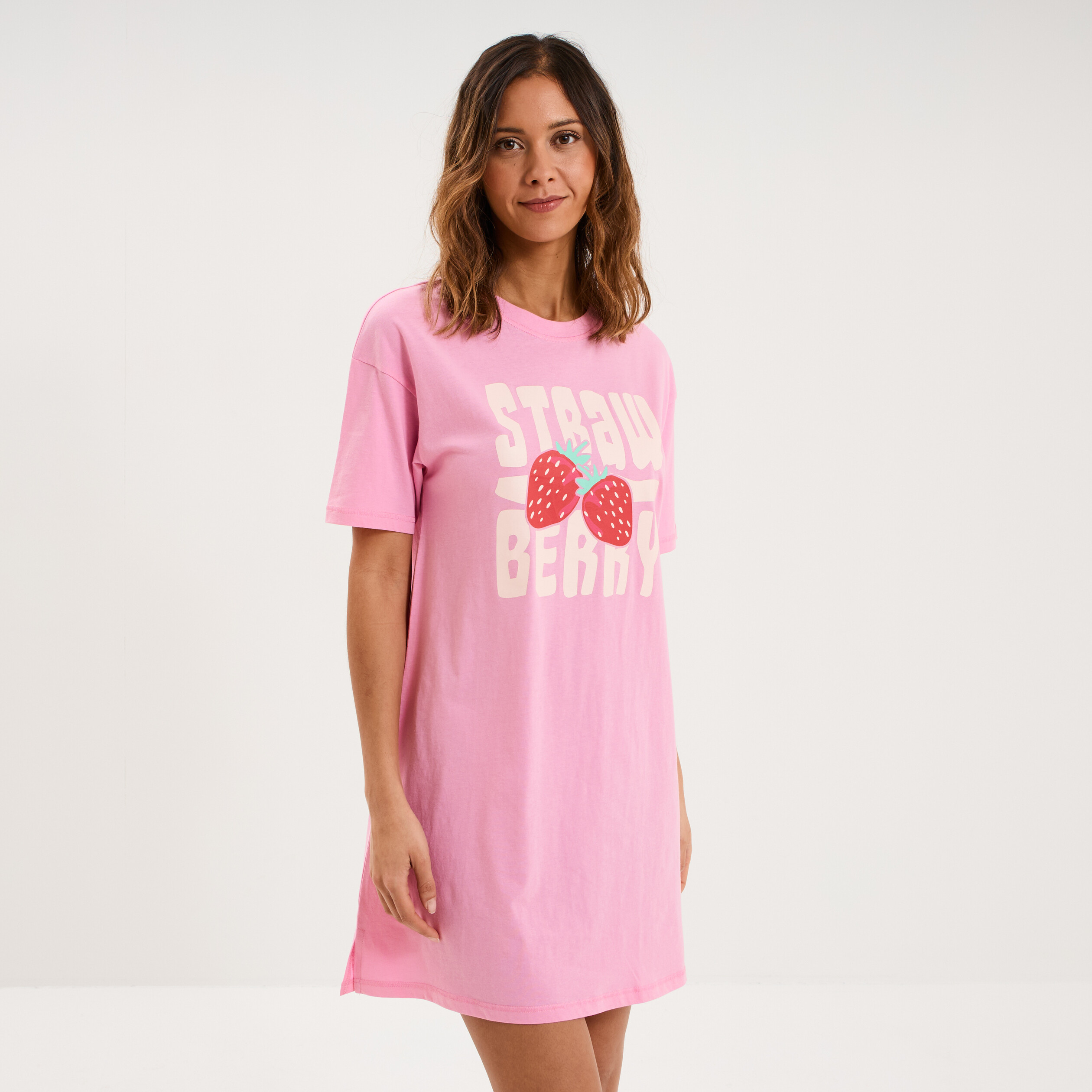 Chemise de nuit &agrave; manches courtes coton rose femme