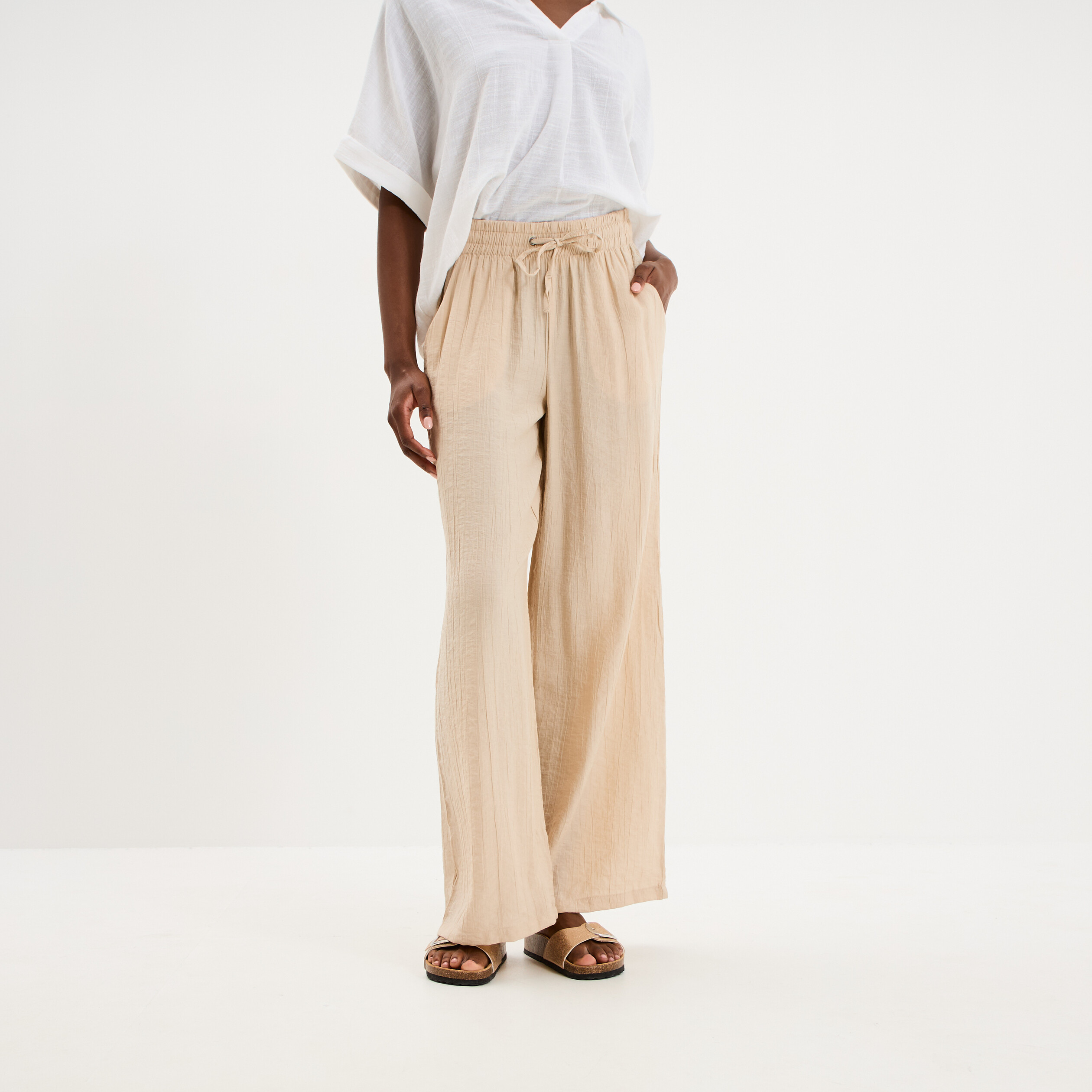 Pantalon large fluide taille &eacute;lastiqu&eacute;e beige femme