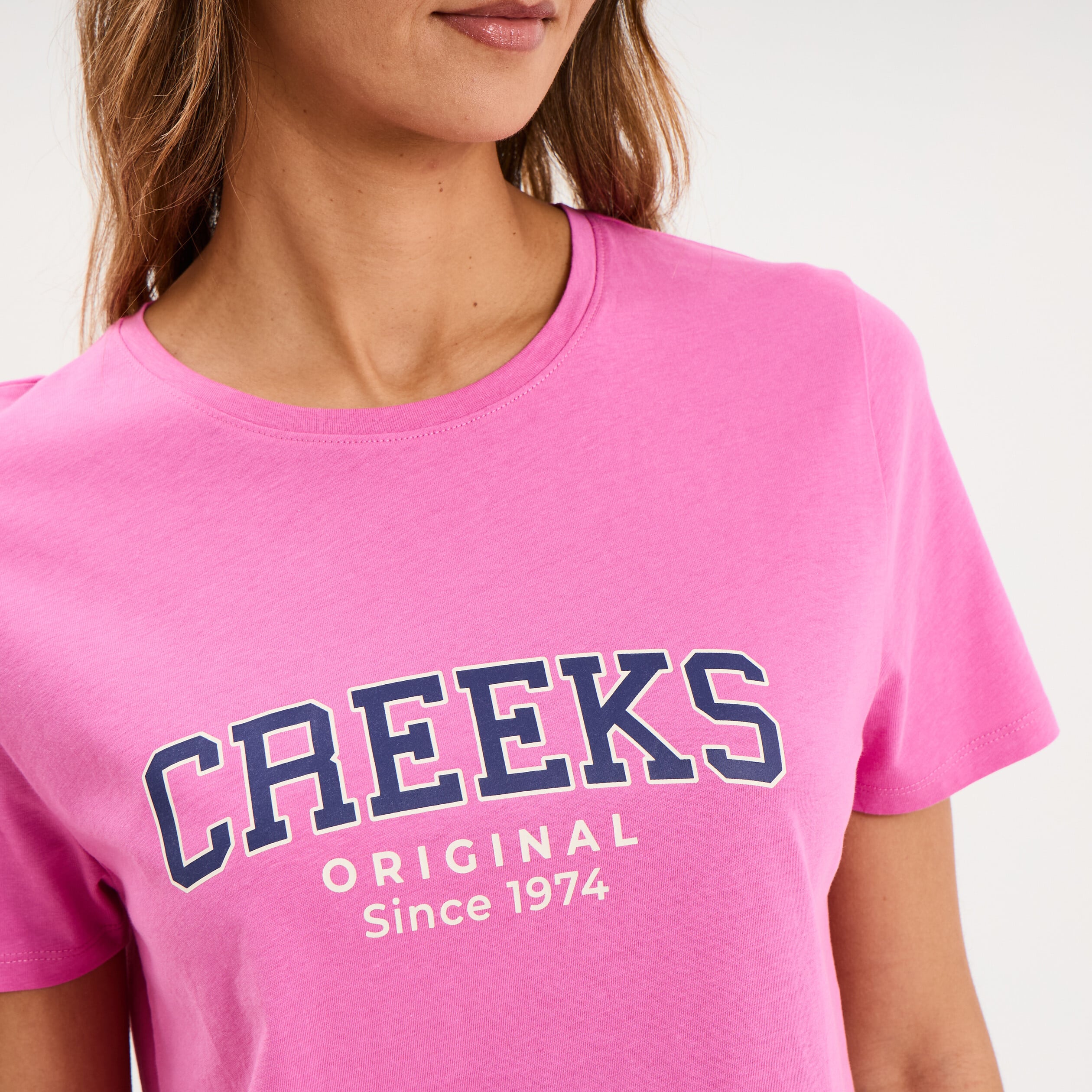 T-shirt col rond manches courtes rose fushia femme