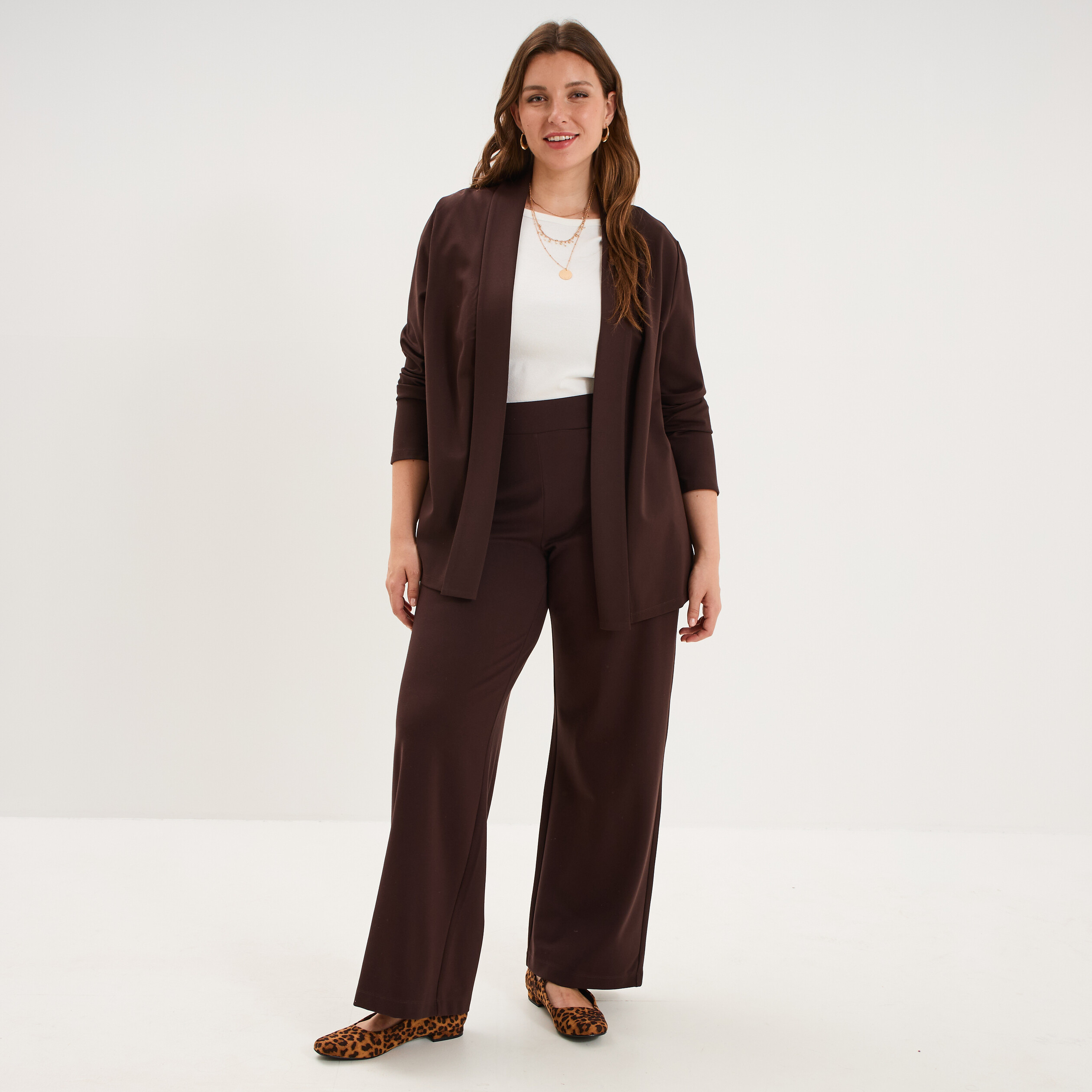 Pantalon large taille haute marron fonc&eacute; femme grande taille