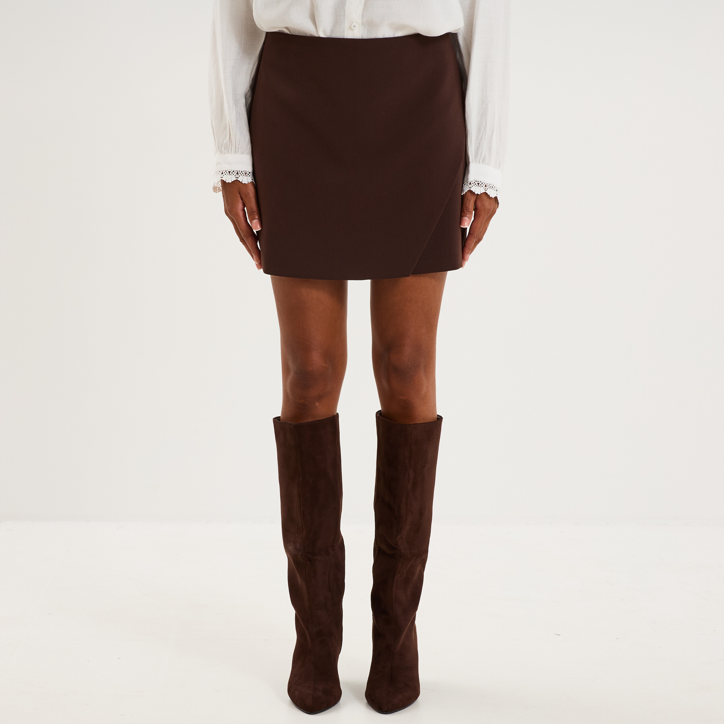 Jupe-short portefeuille courte marron fonc&eacute; femme