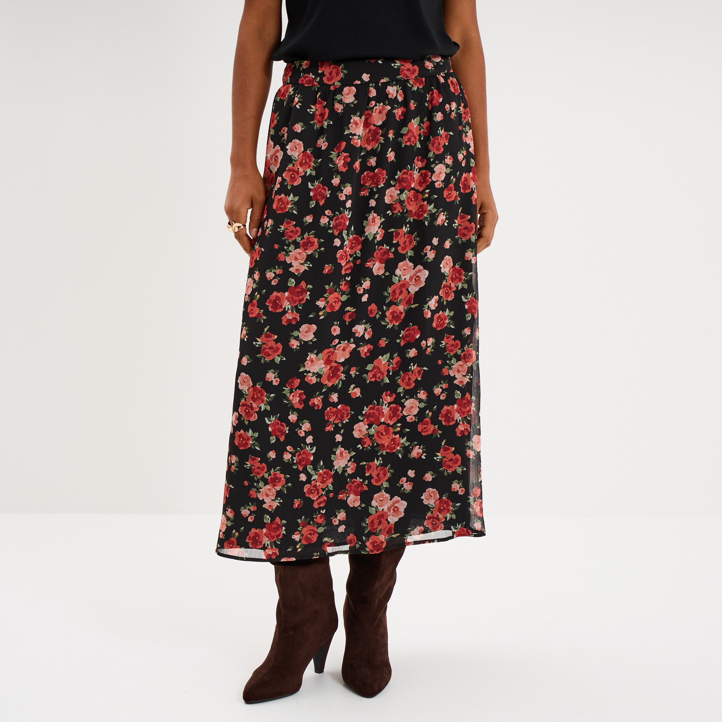 Jupe longue trap&egrave;ze noir femme