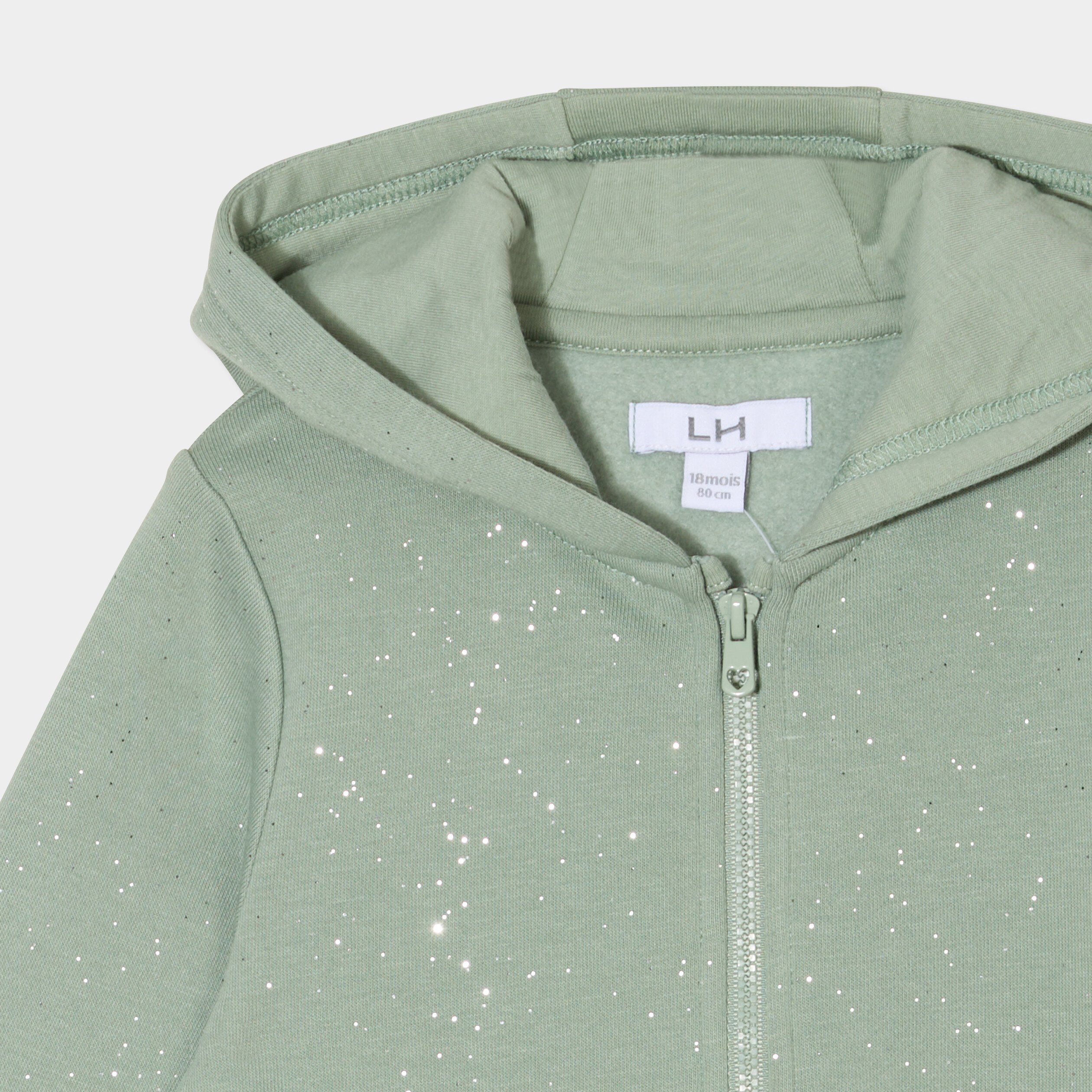 sweat zippe paillettes a capuche vert kaki bebef Sweat zippé paillettes à capuche vert kaki bébé fille