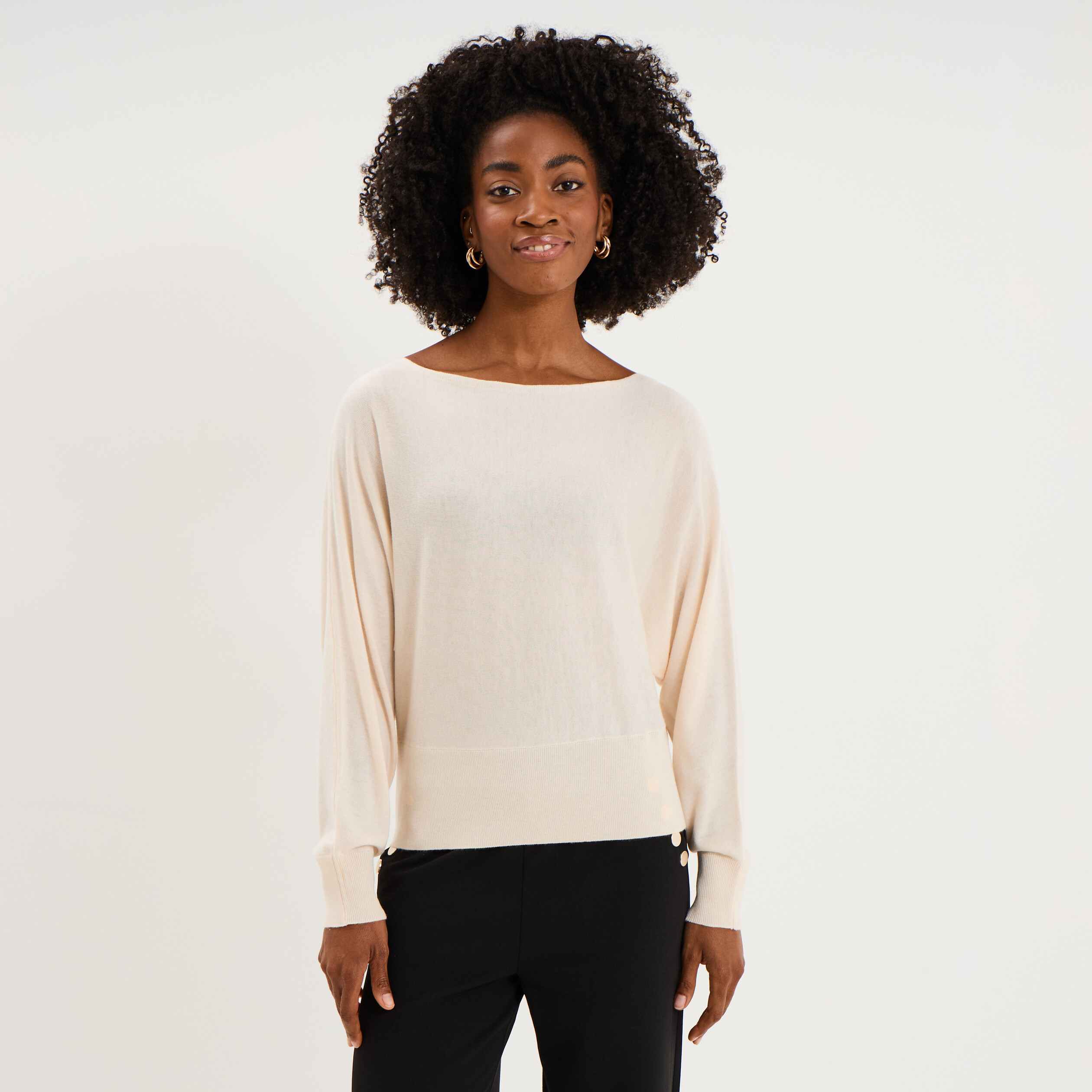 Pull encolure bateau manches longues beige femme