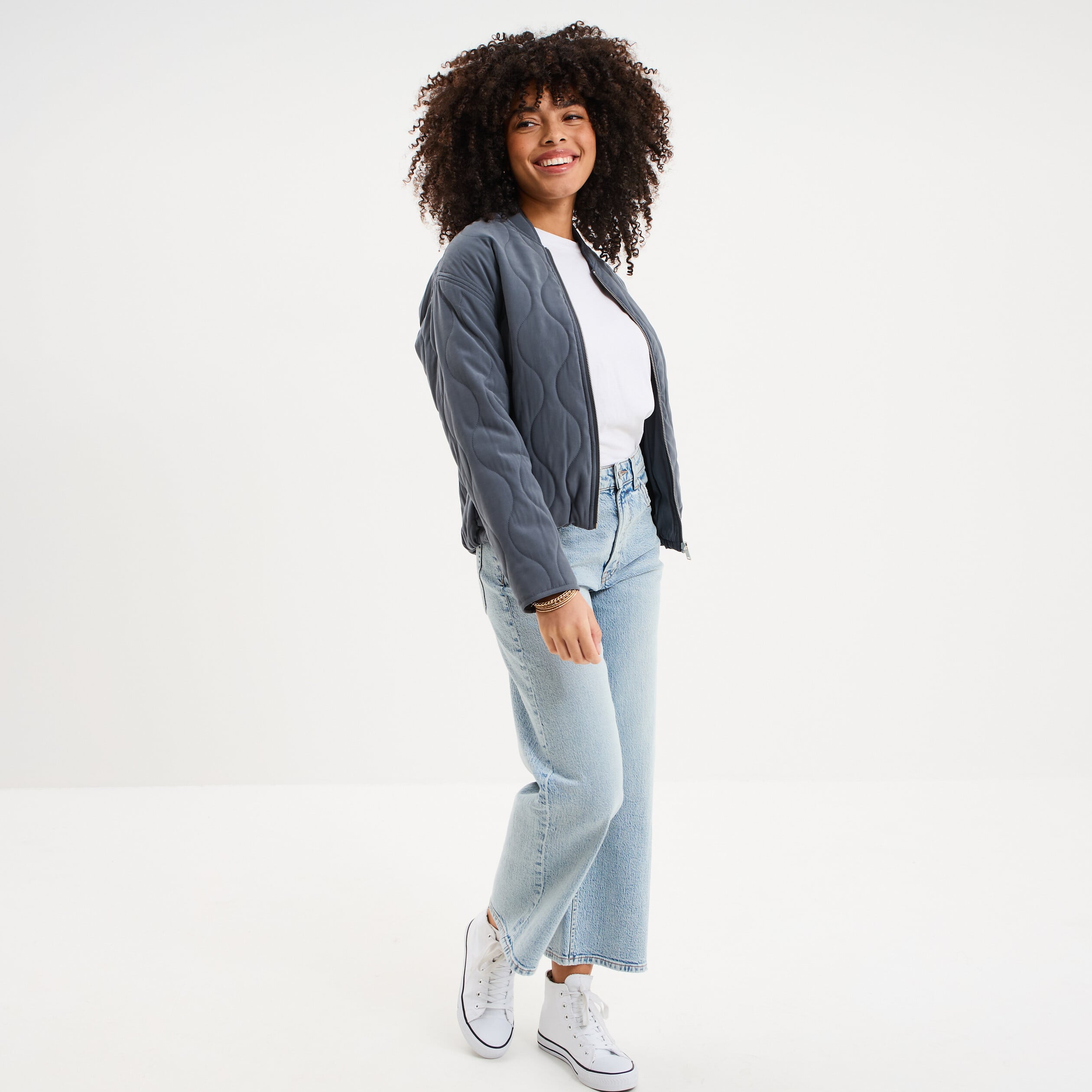 Blouson bomber matelass&eacute; gris femme
