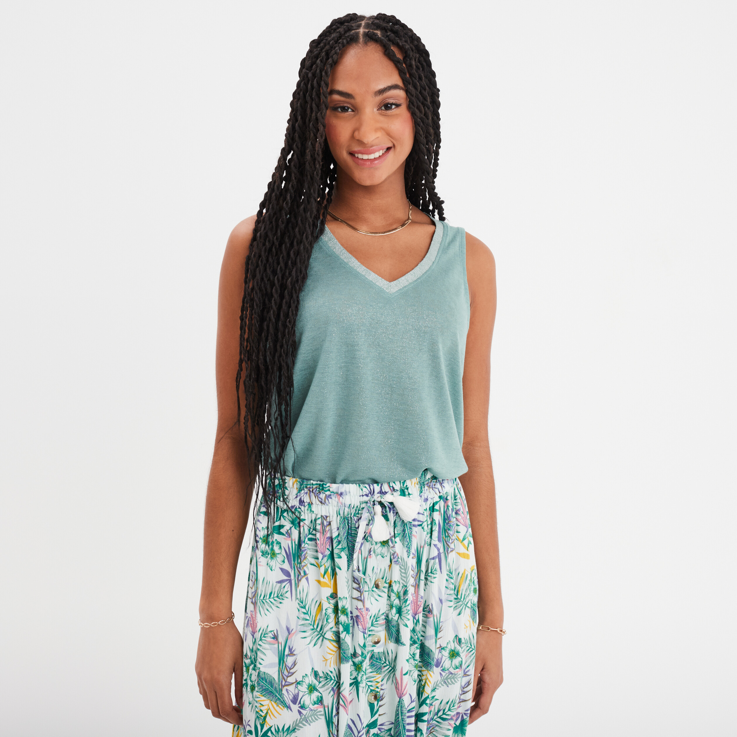 debardeur col en v sans manches bleu gris femme Débardeur col en V sans manches bleu gris femme