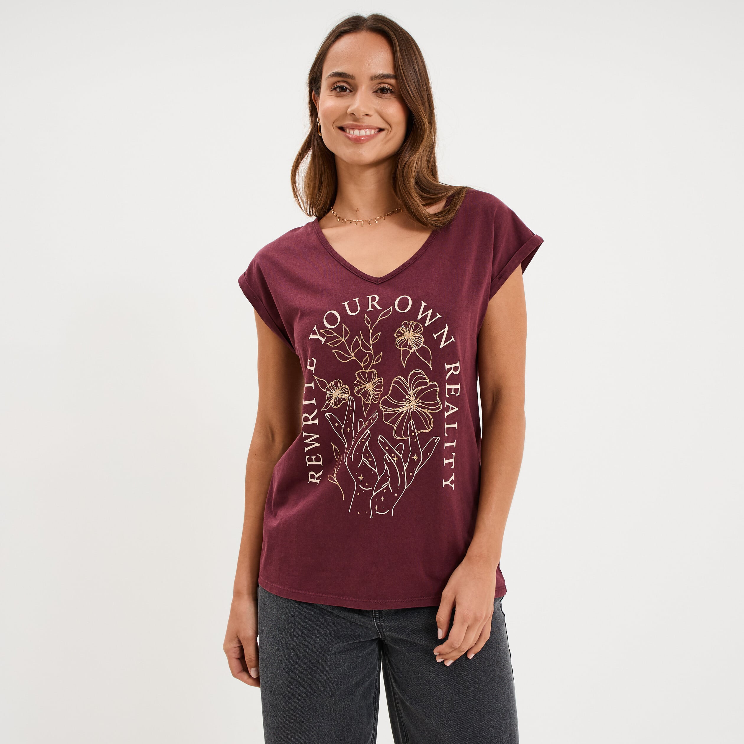 T-shirt coton col en V manches courtes violet fonc&eacute; femme