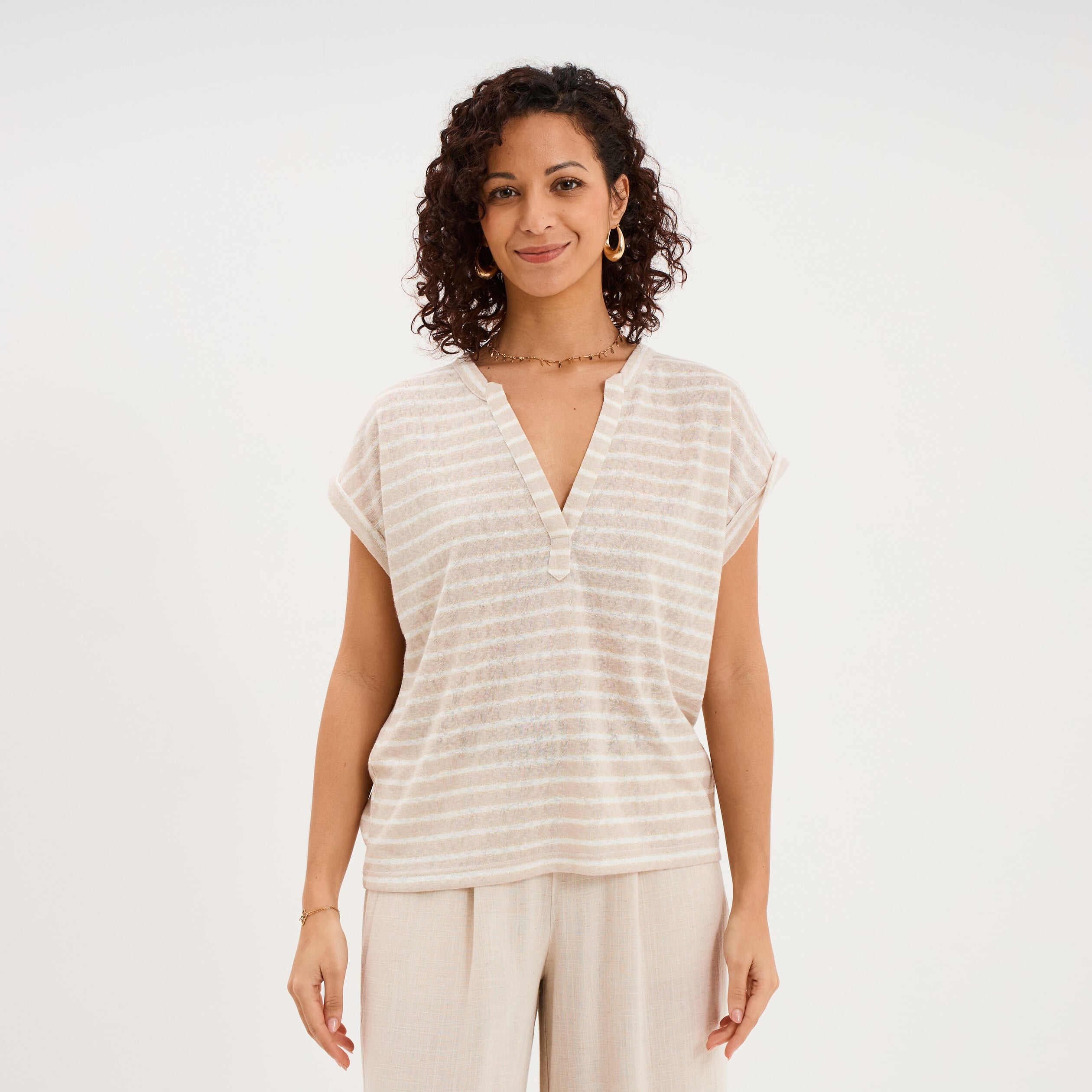 T-shirt col tunisien manches courtes beige clair femme