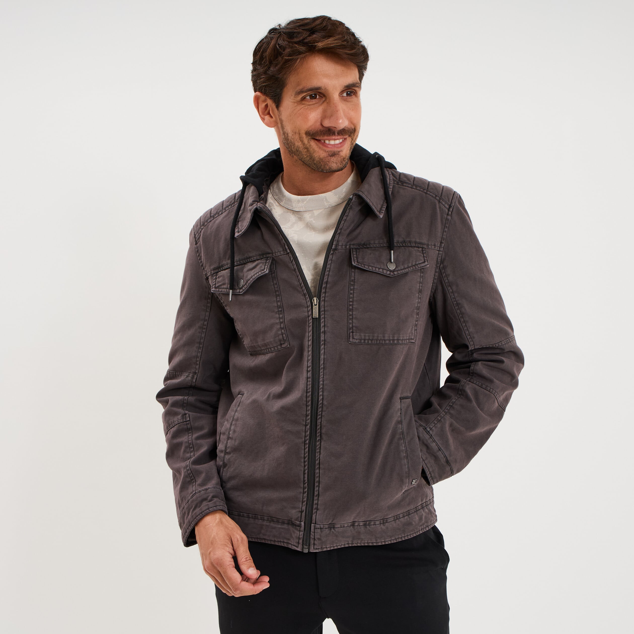 Veste doubl&eacute;e capuche amovible en coton gris fonc&eacute; homme