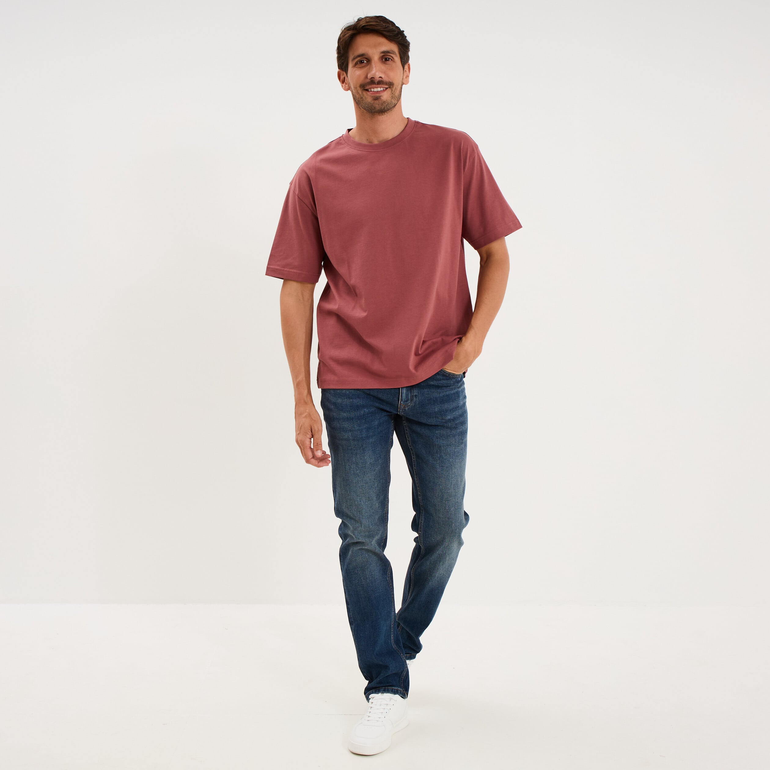 T-shirt col rond coupe relax coton &eacute;pais vieux rose homme