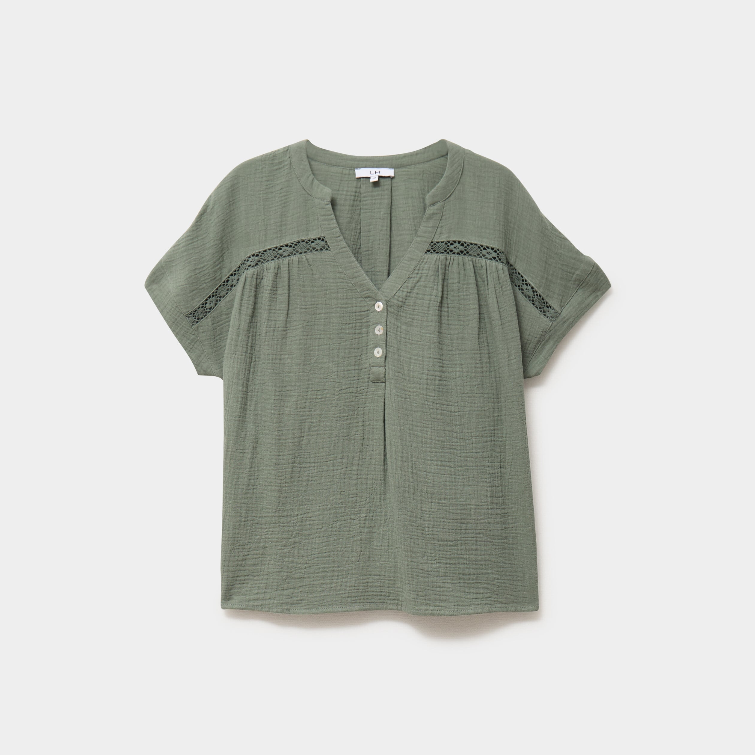 Blouse Col tunisien gaze de coton vert kaki femme