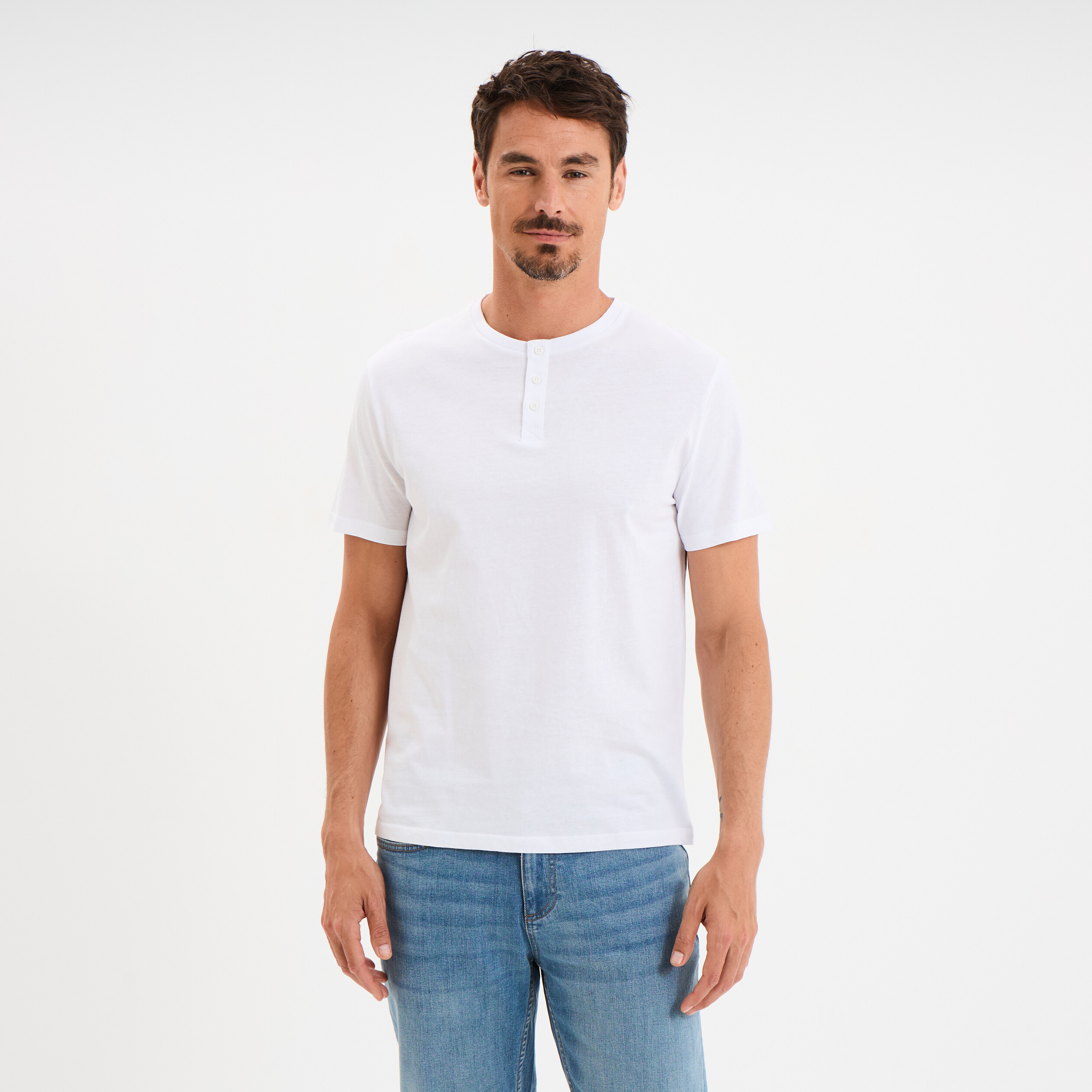 T-shirt col tunisien manches courtes blanc homme