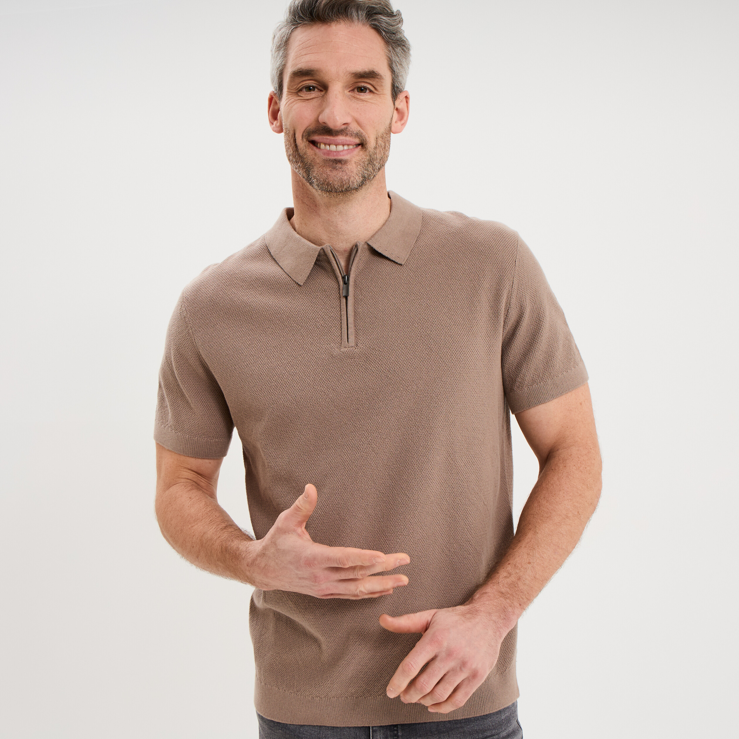 Polo col zipp&eacute; manches courtes coton marron homme