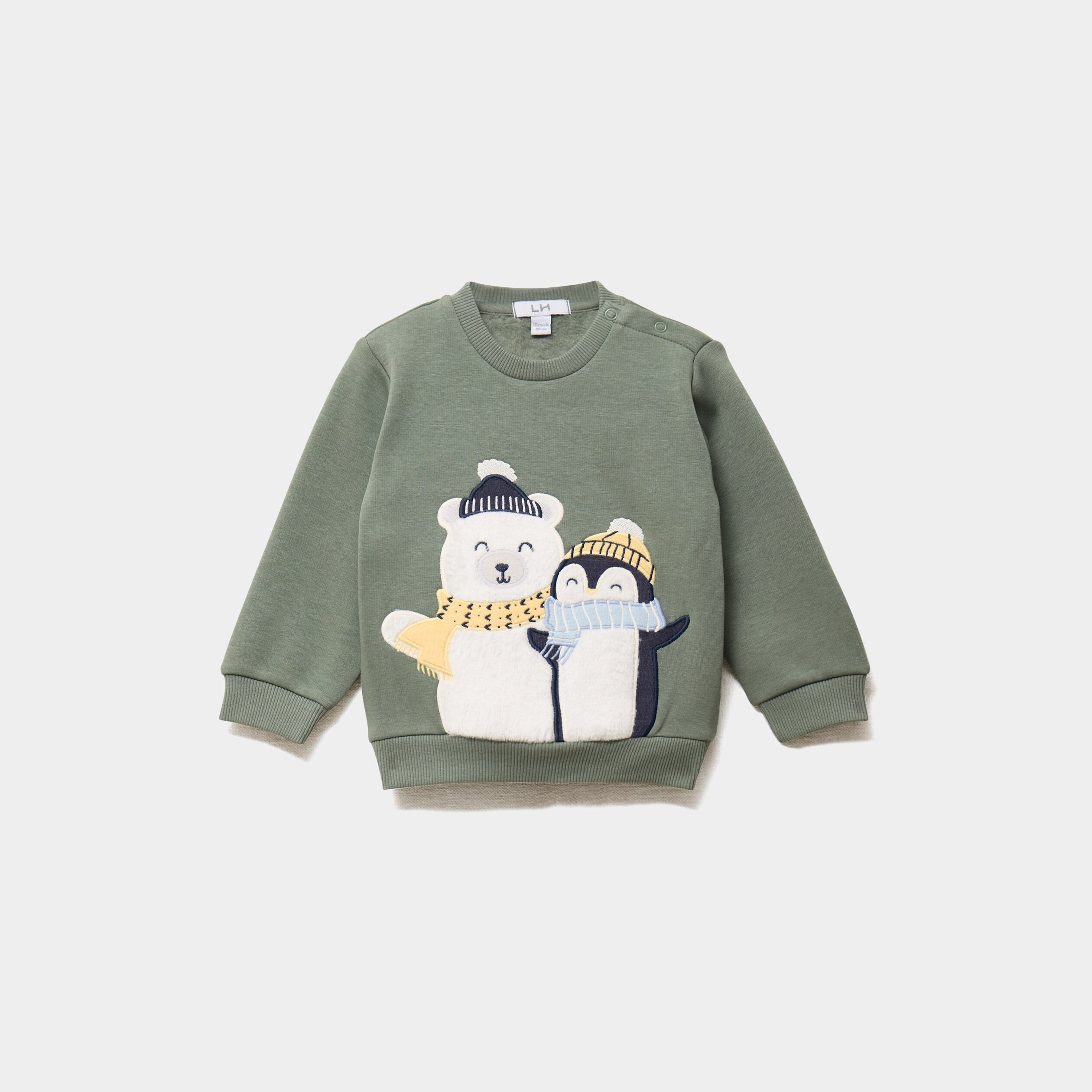 Sweat molletonn&eacute; &eacute;paule boutonn&eacute;e vert kaki b&eacute;b&eacute; gar&ccedil;on