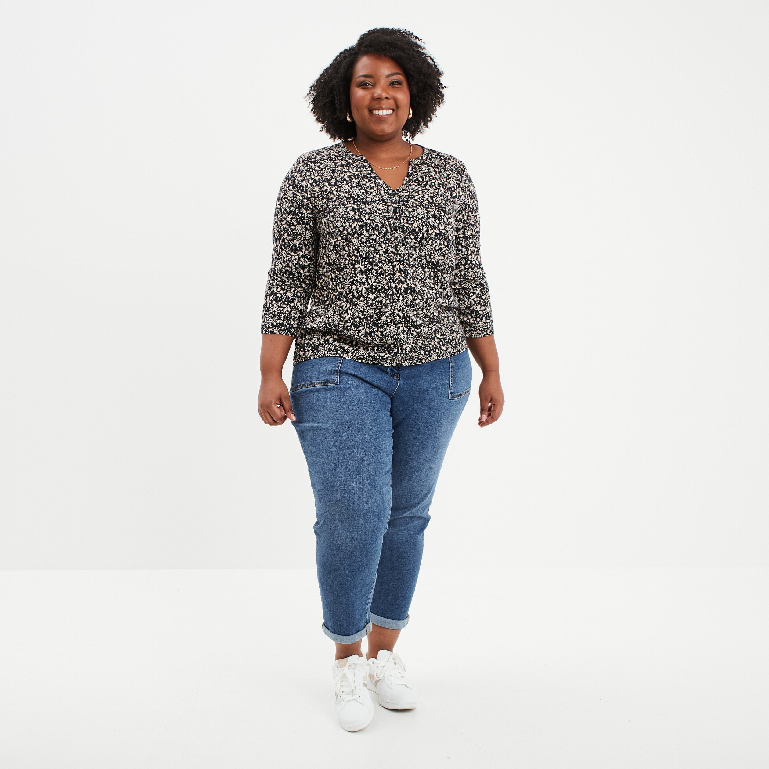 Blouse manches 3/4 retroussables noir femme grande taille