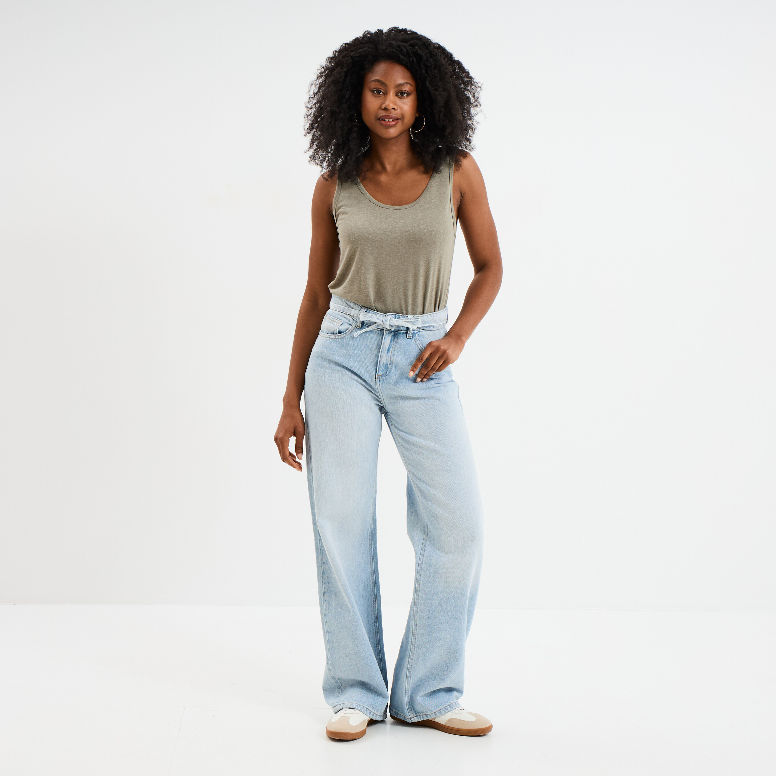 debardeur col rond lin melange vert kaki femme Débardeur col rond lin mélangé vert kaki femme