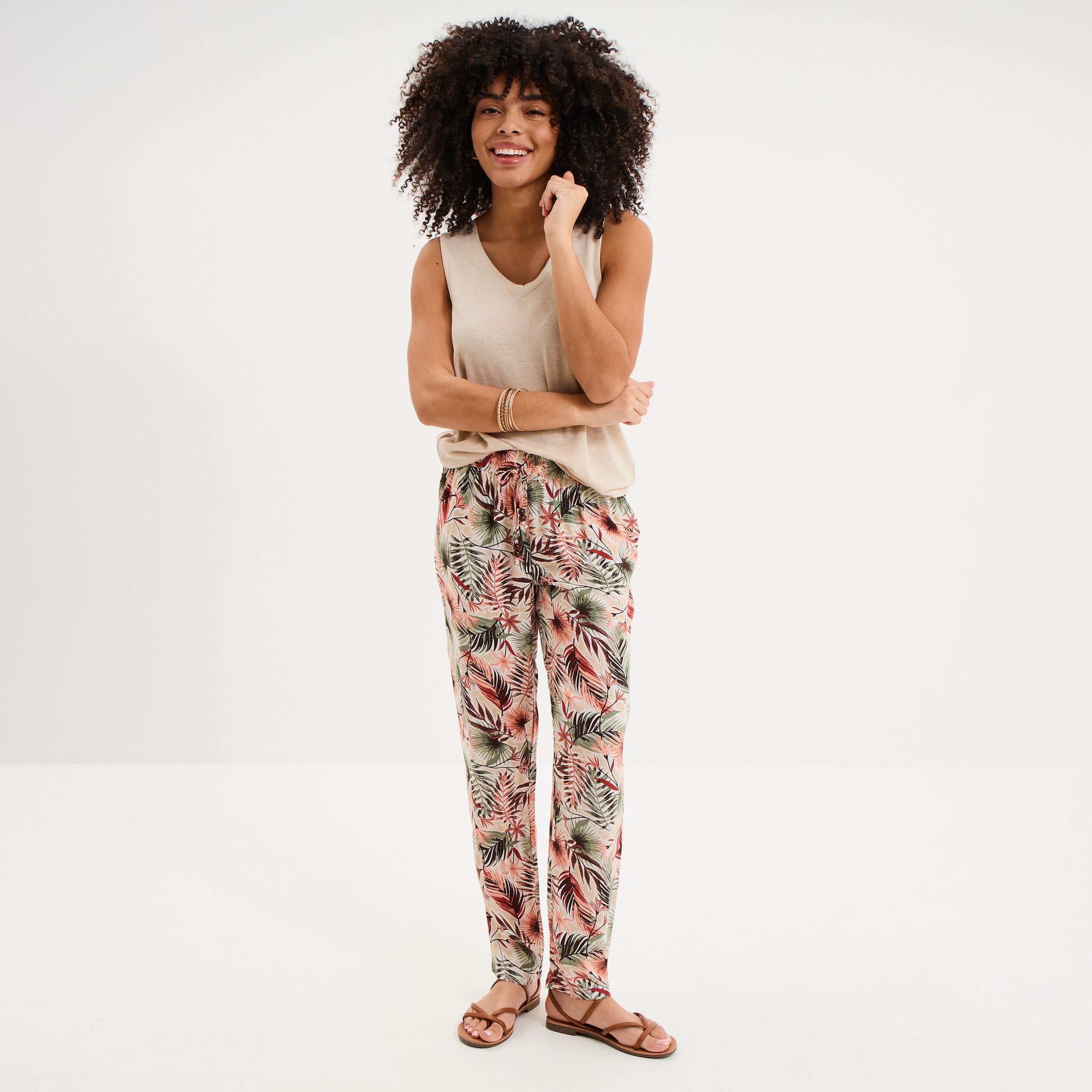 Pantalon cigarette fluide &agrave; ceinture vert kaki femme