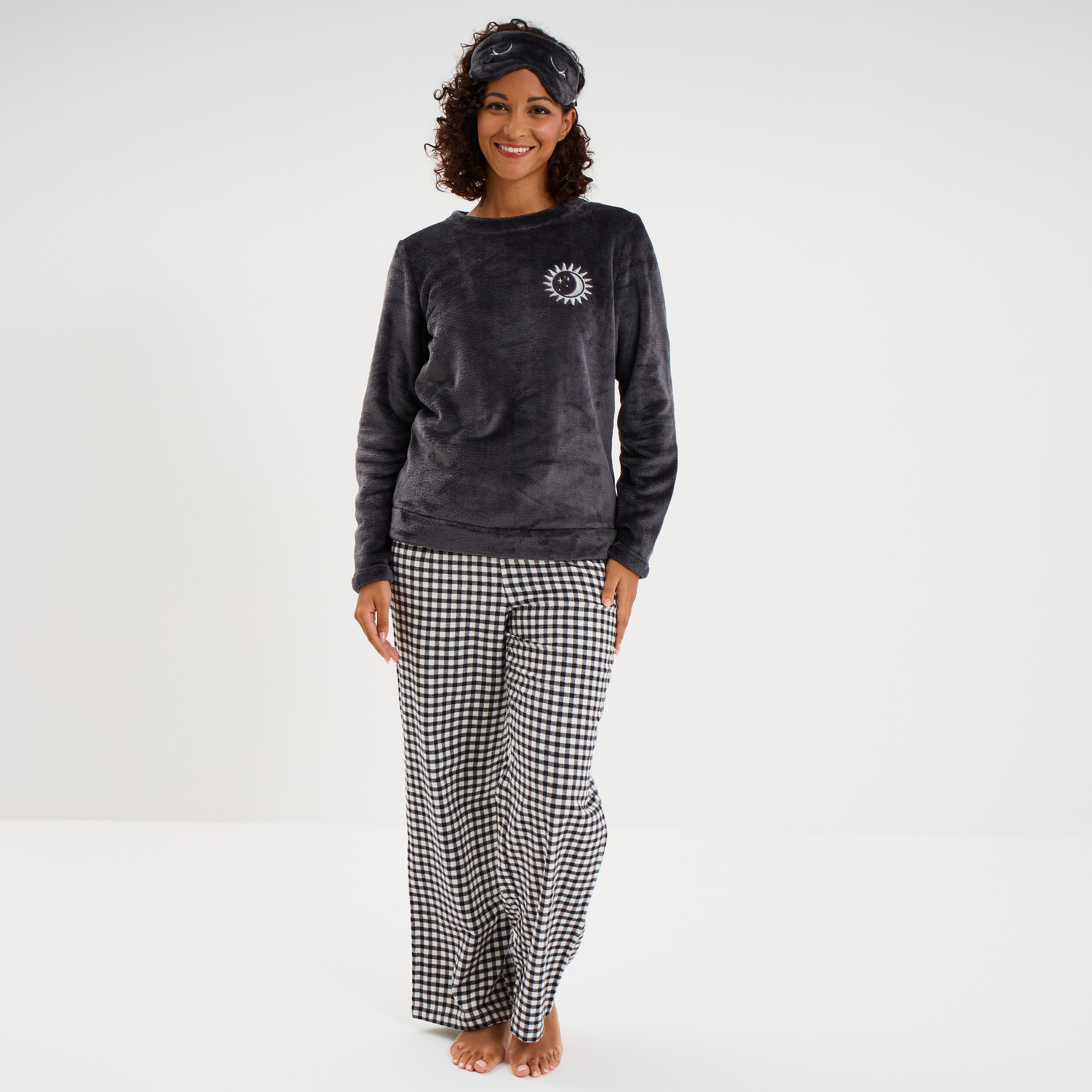 Ensemble pyjama effet polaire 3 pi&egrave;ces bleu marine femme