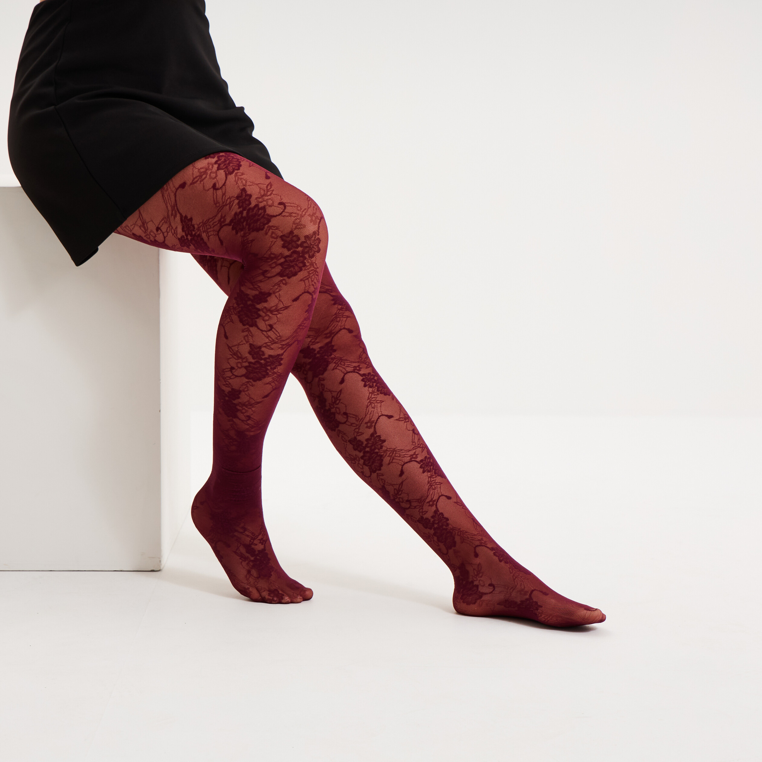 Collants 20D effet dentelle bordeaux femme