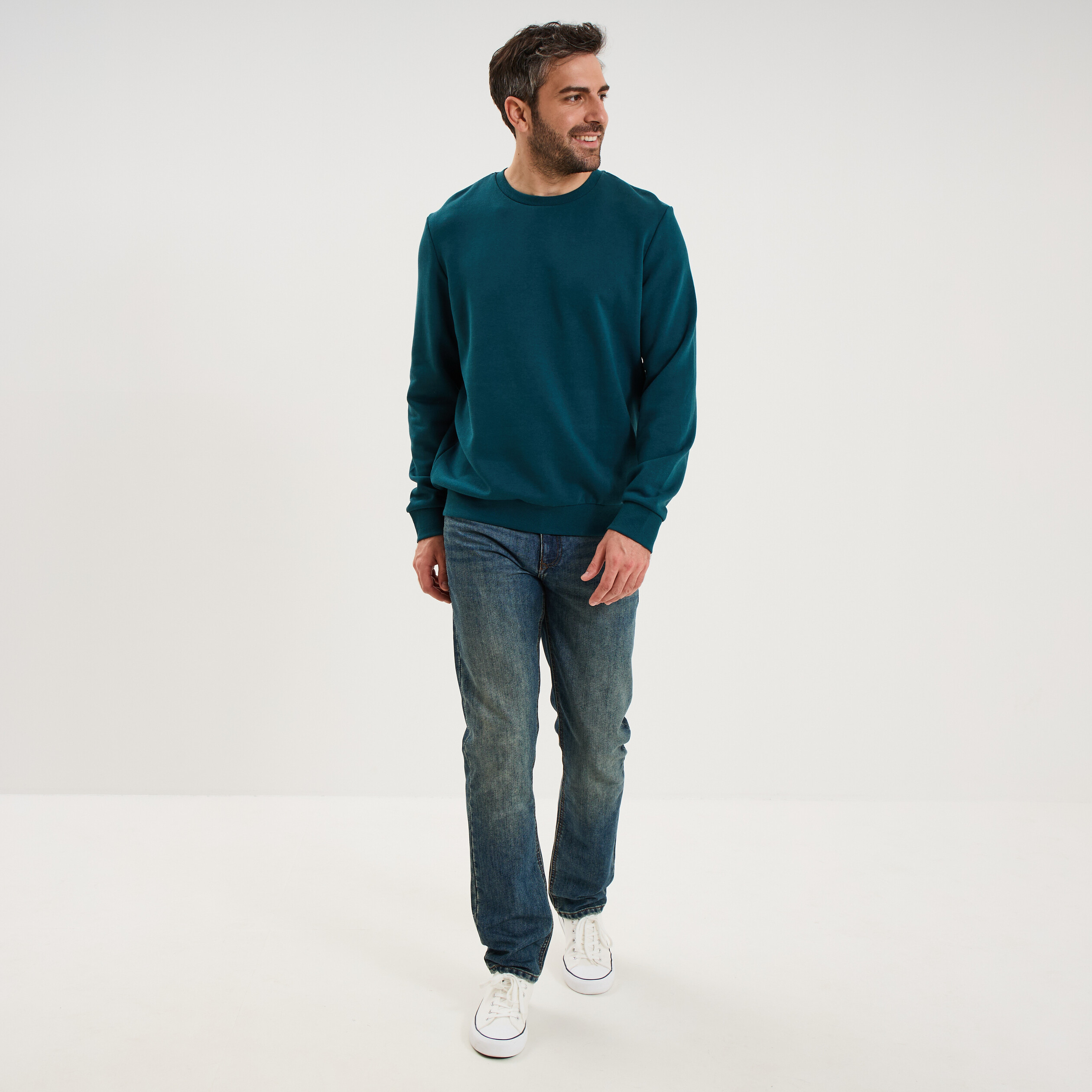Sweat molleton col rond bleu canard homme
