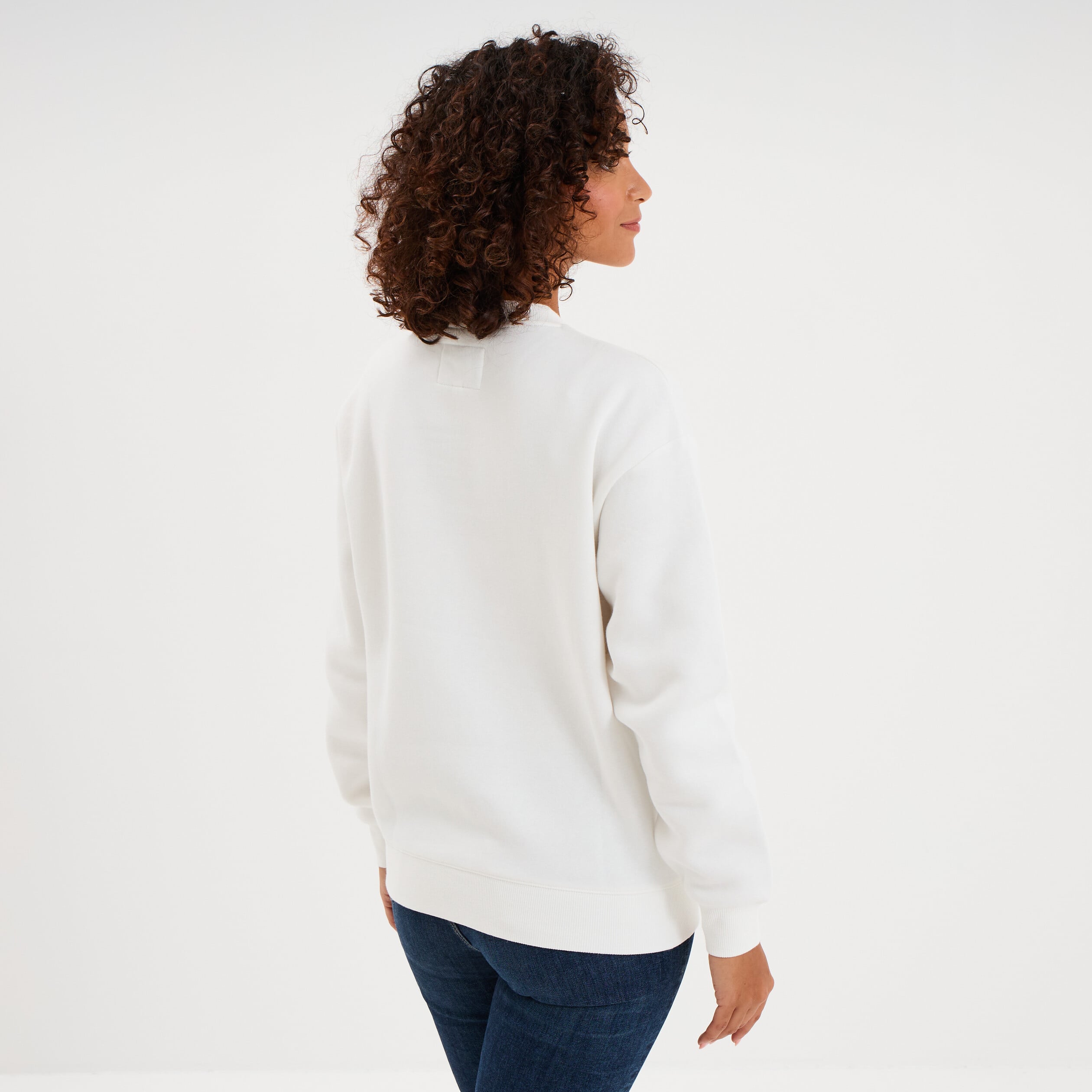 Sweat molleton col rond manches longues blanc femme