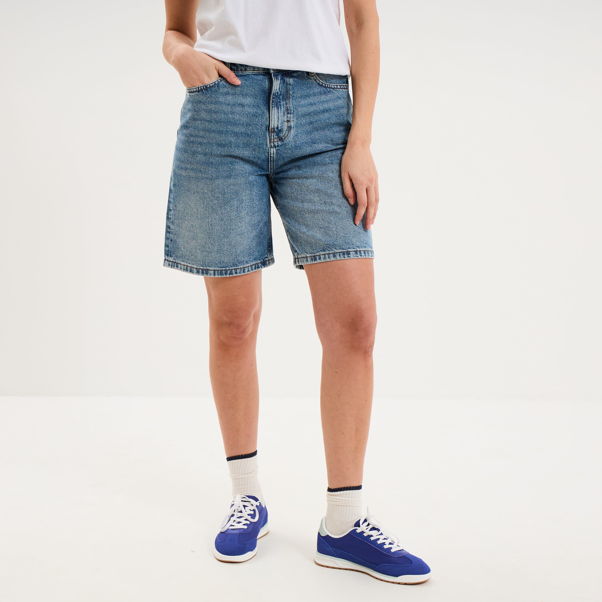 Bermuda short droit en jean coton denim double stone femme