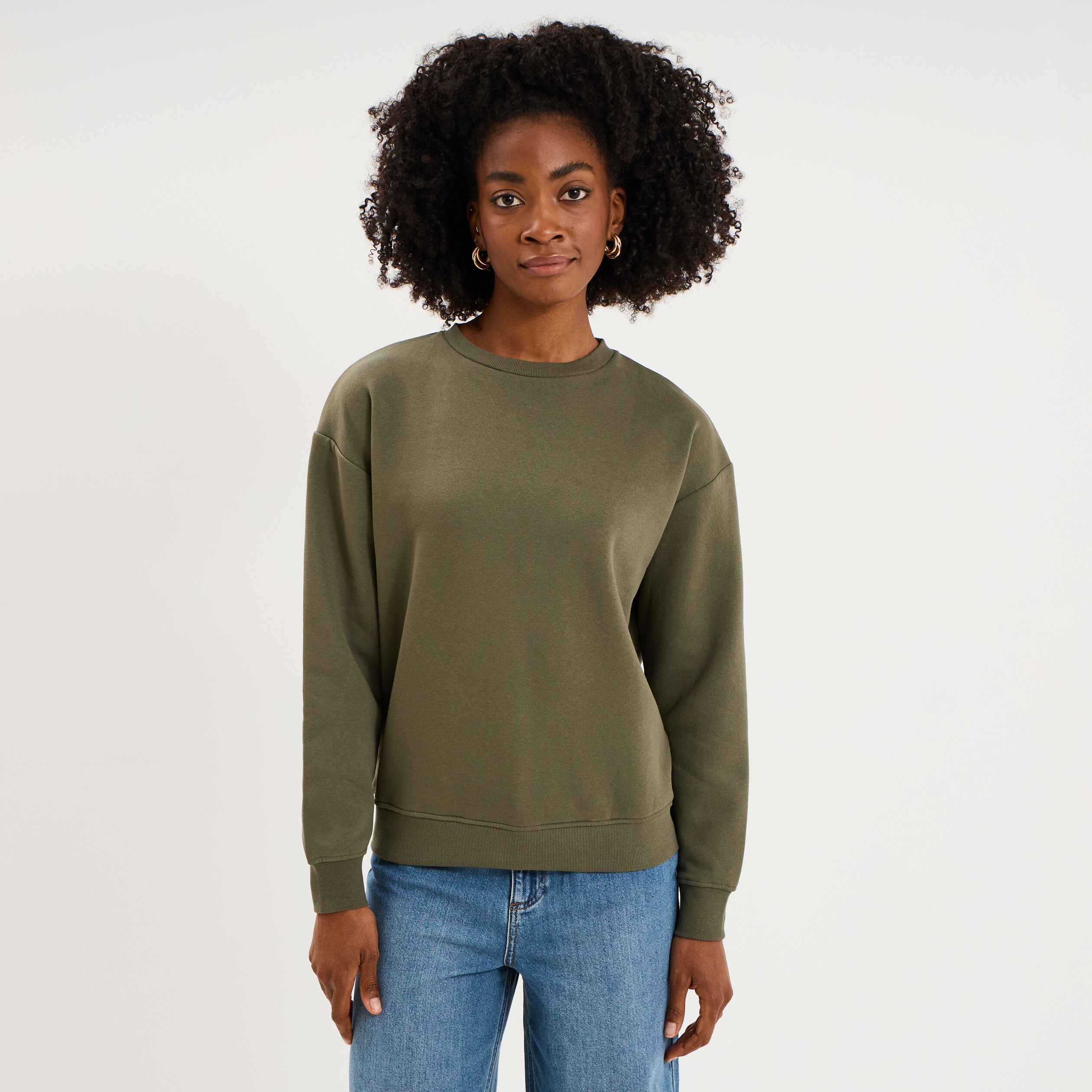 Sweat col rond manches longues vert kaki femme