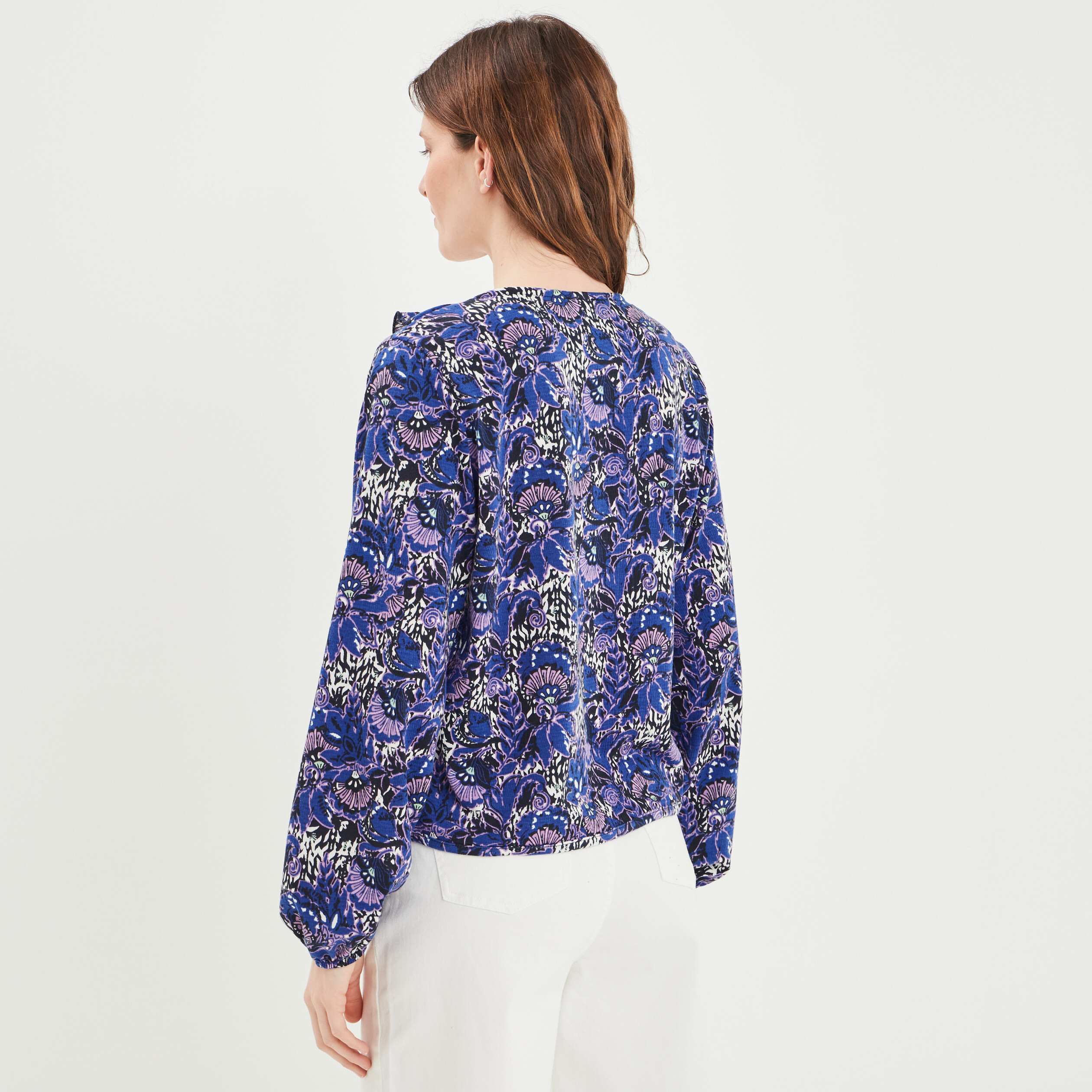 T-shirt manches longues à volants bleu marine femme
