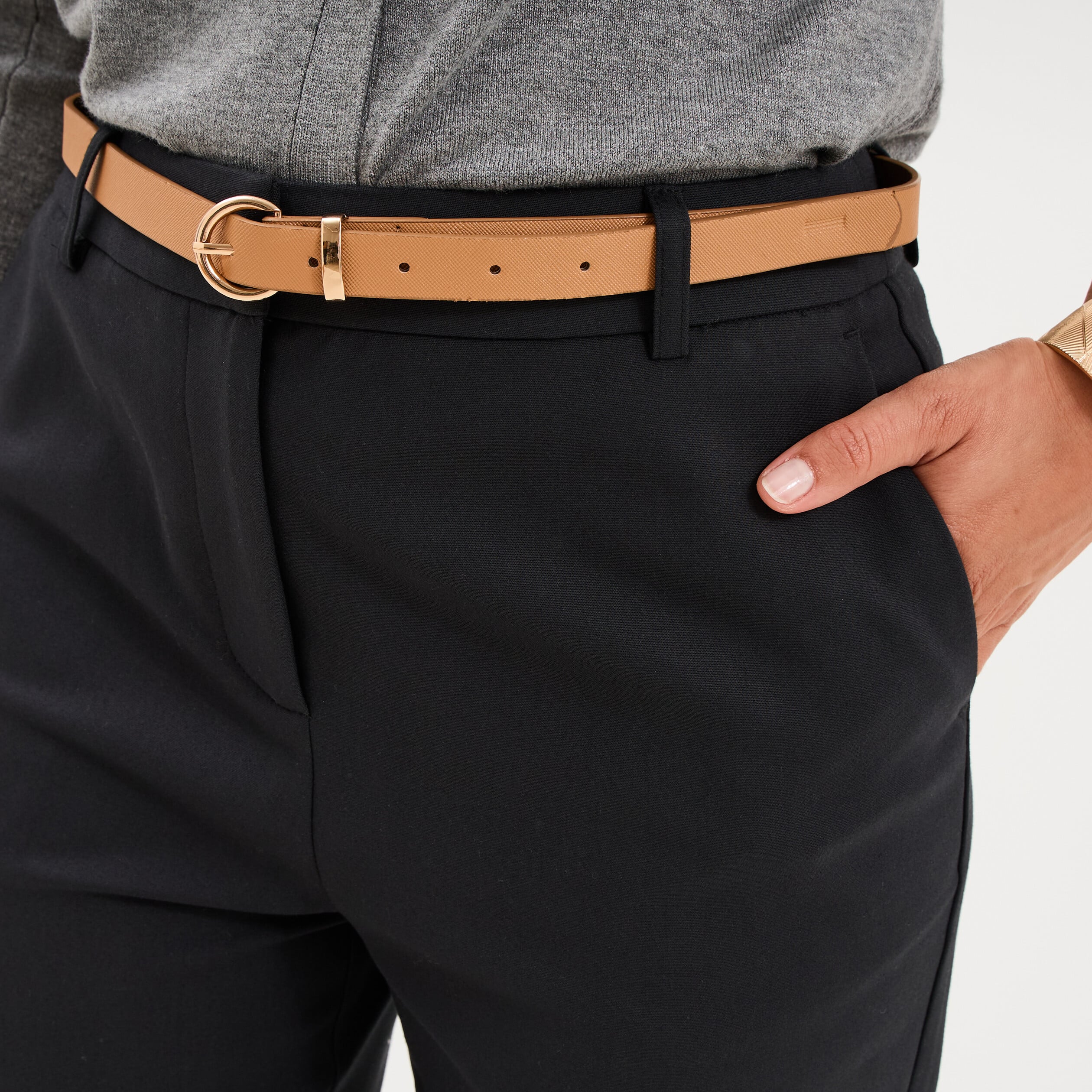 Pantalon chino ceinture amovible noir femme