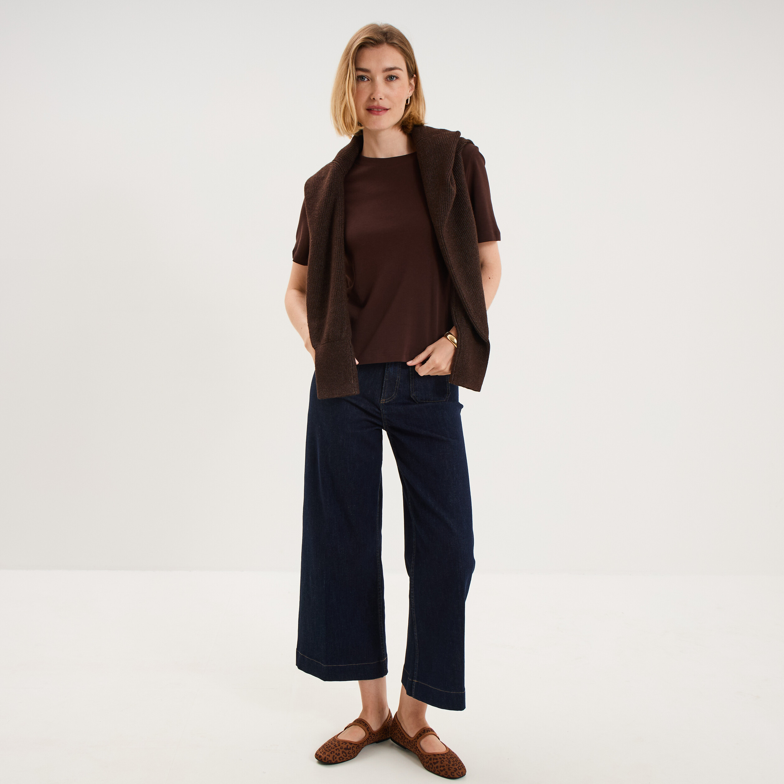 T-shirt manches courtes col rond coton marron fonc&eacute; femme