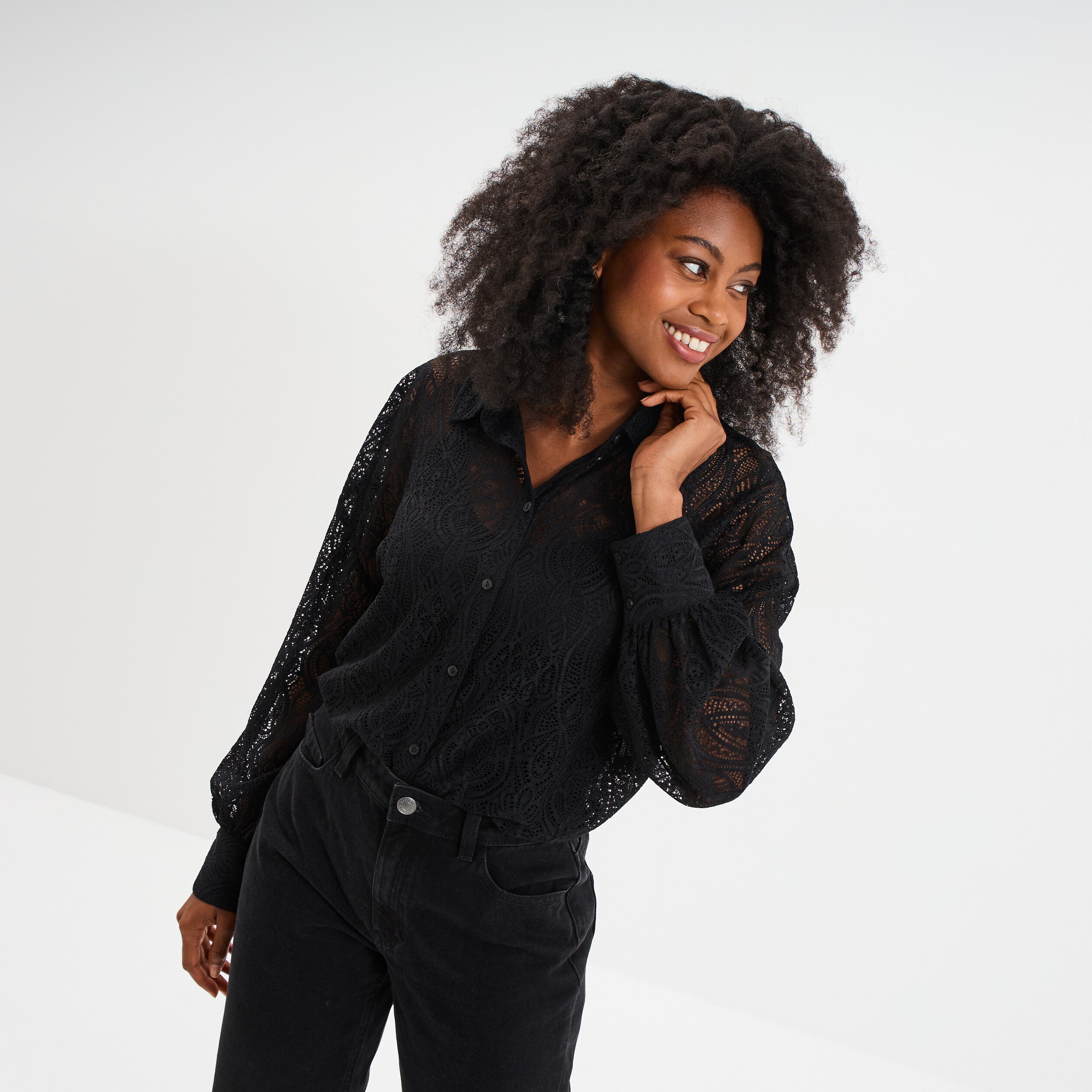 Chemise dentelle manches longues noir femme La Halle