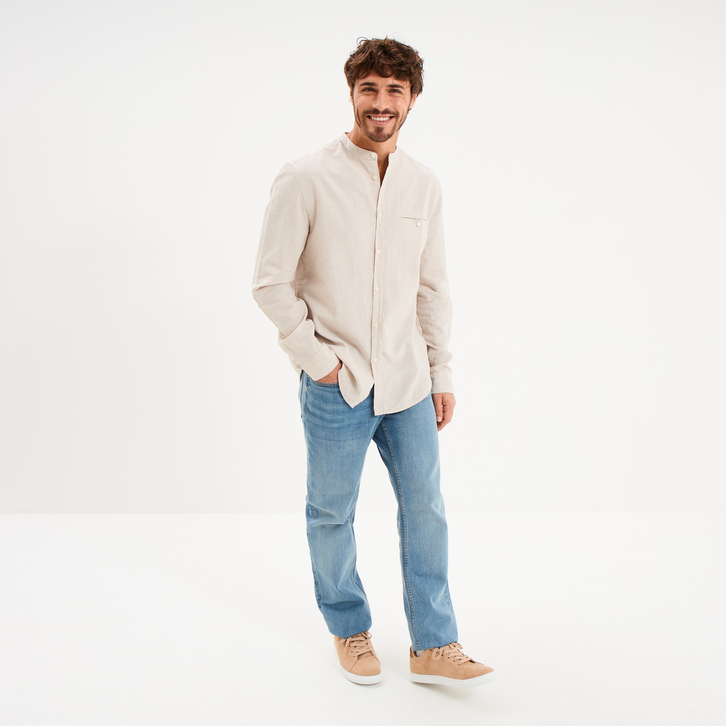 Chemise col mao lin m&eacute;lang&eacute; gris clair homme