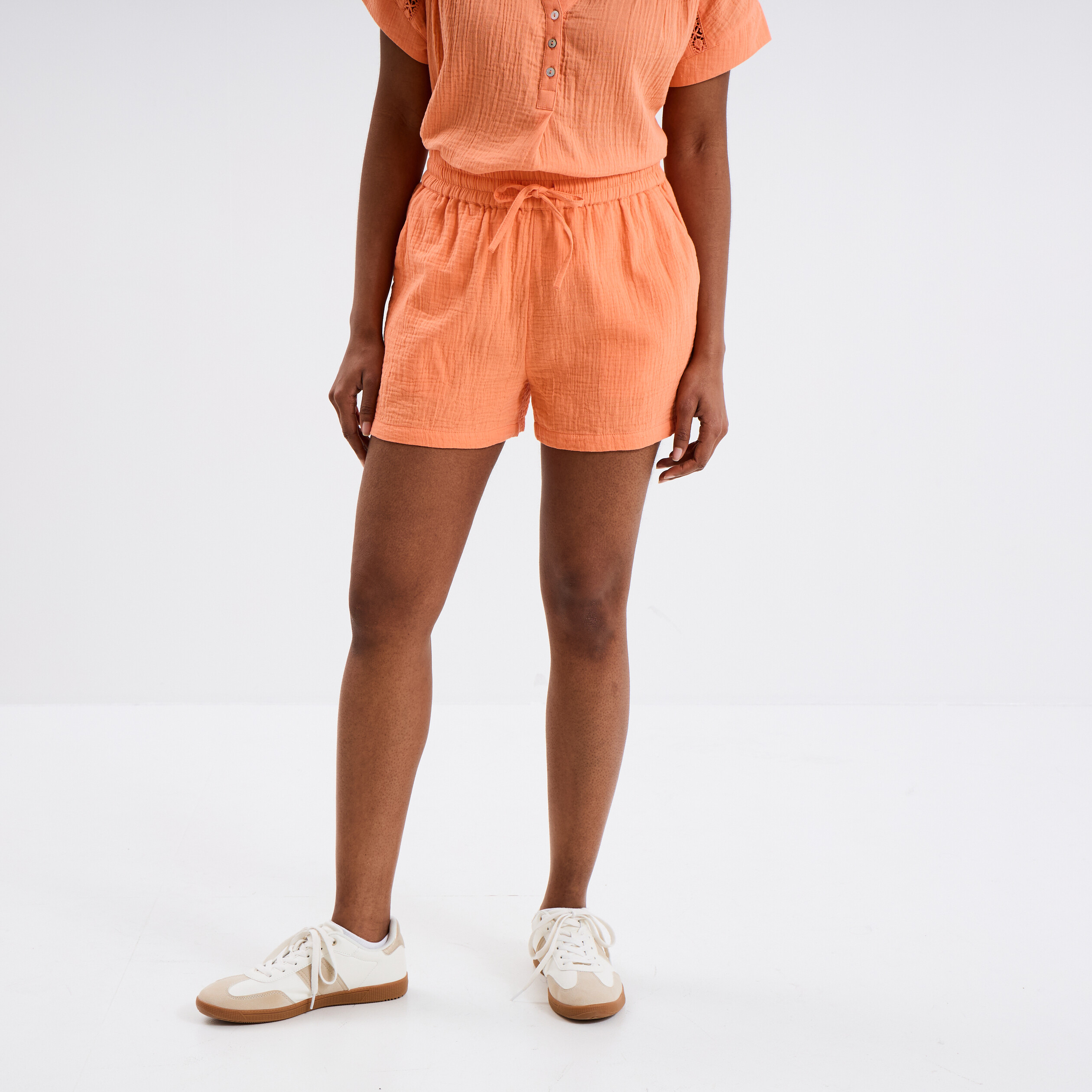 short taille elastiquee gaze de coton orange corail femme Short taille élastiquée gaze de coton orange corail femme