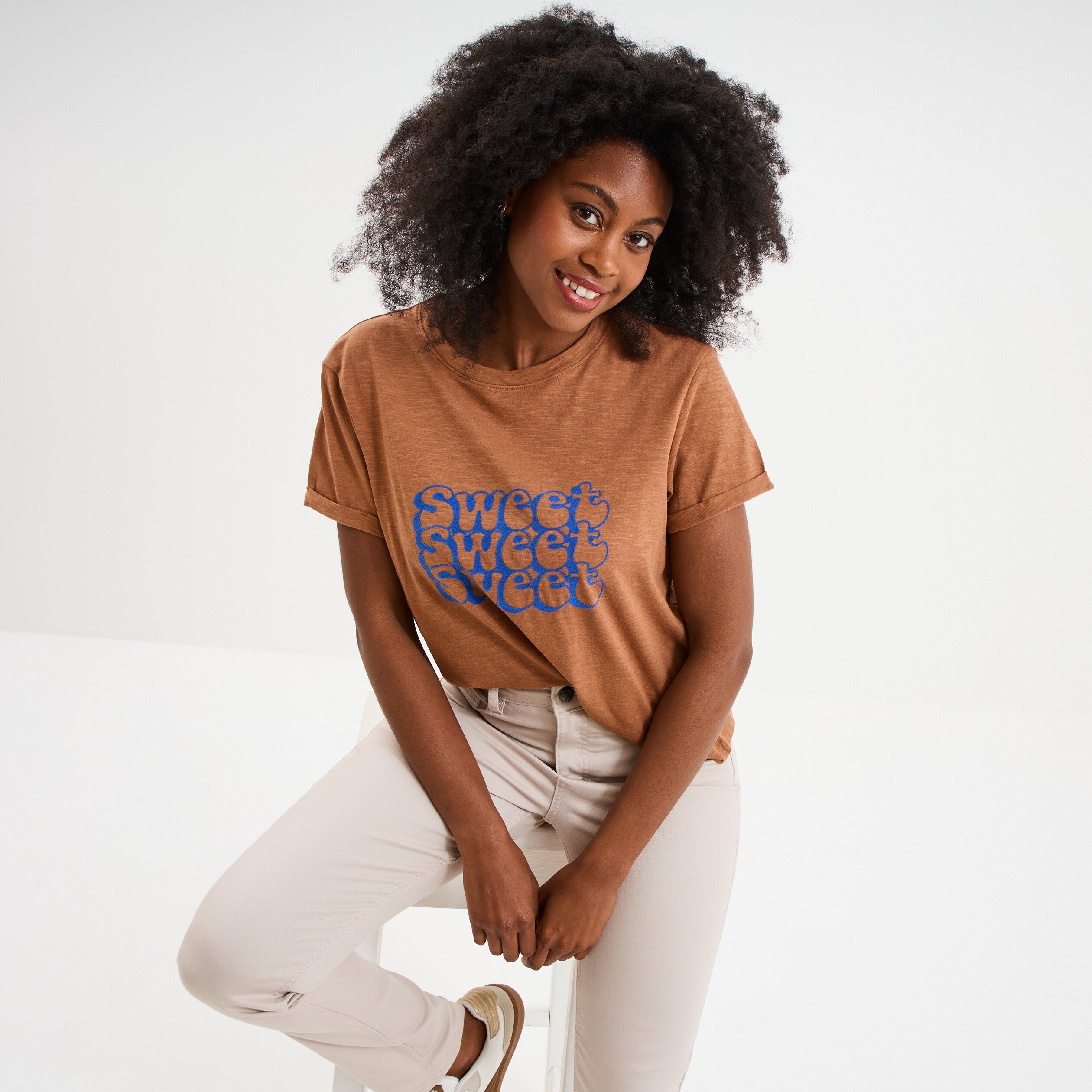 t shirt manches courtes coton beige femme T-shirt manches courtes coton beige femme