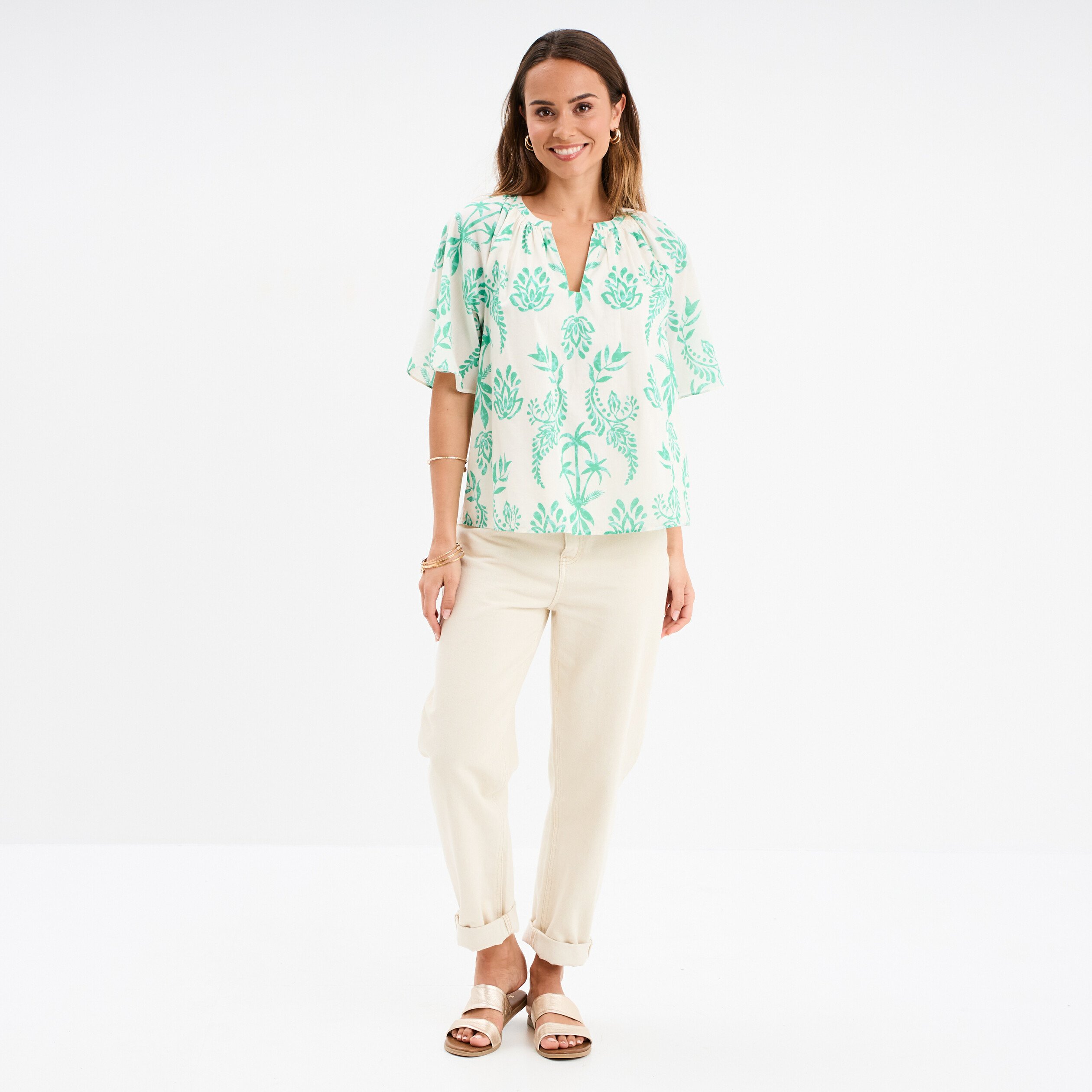 blouse manches courtes papillons coton ecru femme Blouse manches courtes papillons coton ecru femme