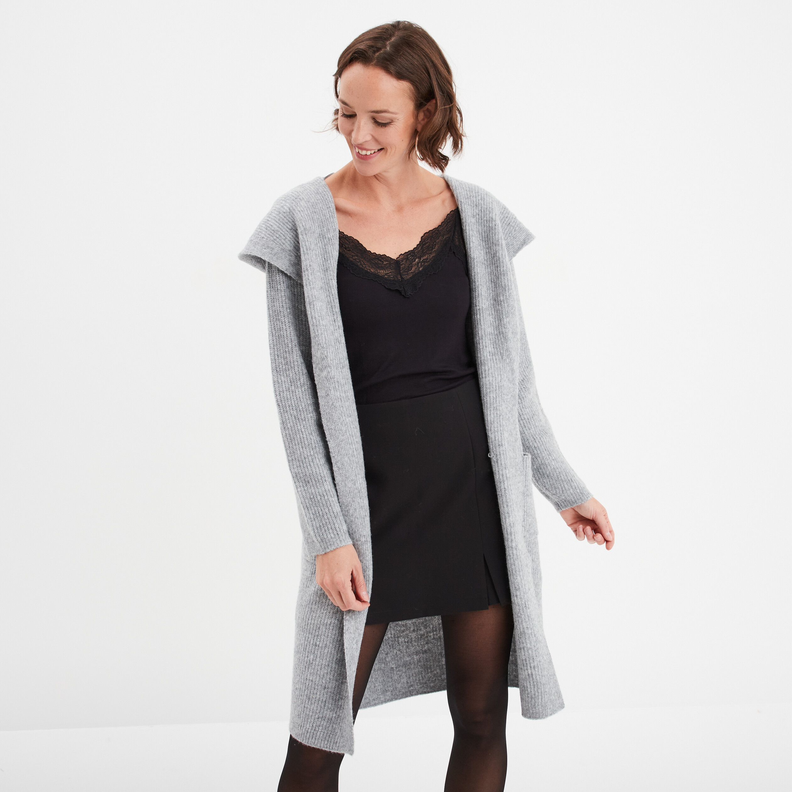 Gilet long a capuche manches longues gris femme La Halle