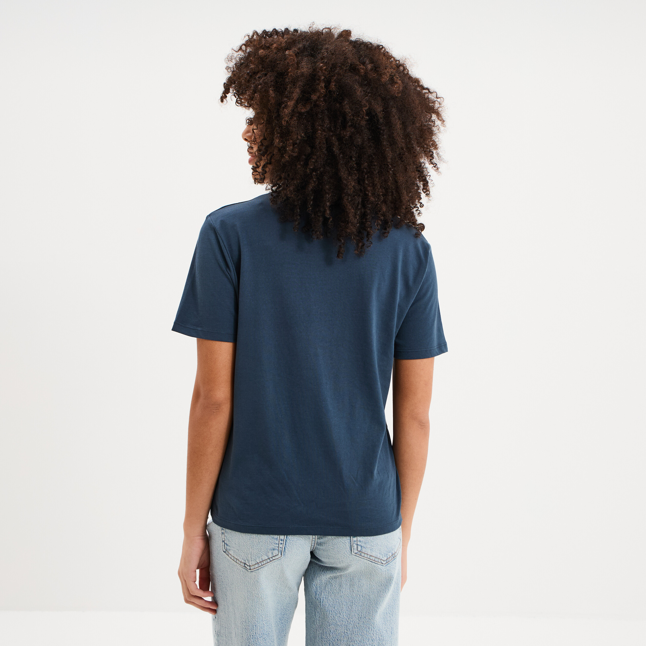 T-shirt col rond manches courtes coton bleu marine femme