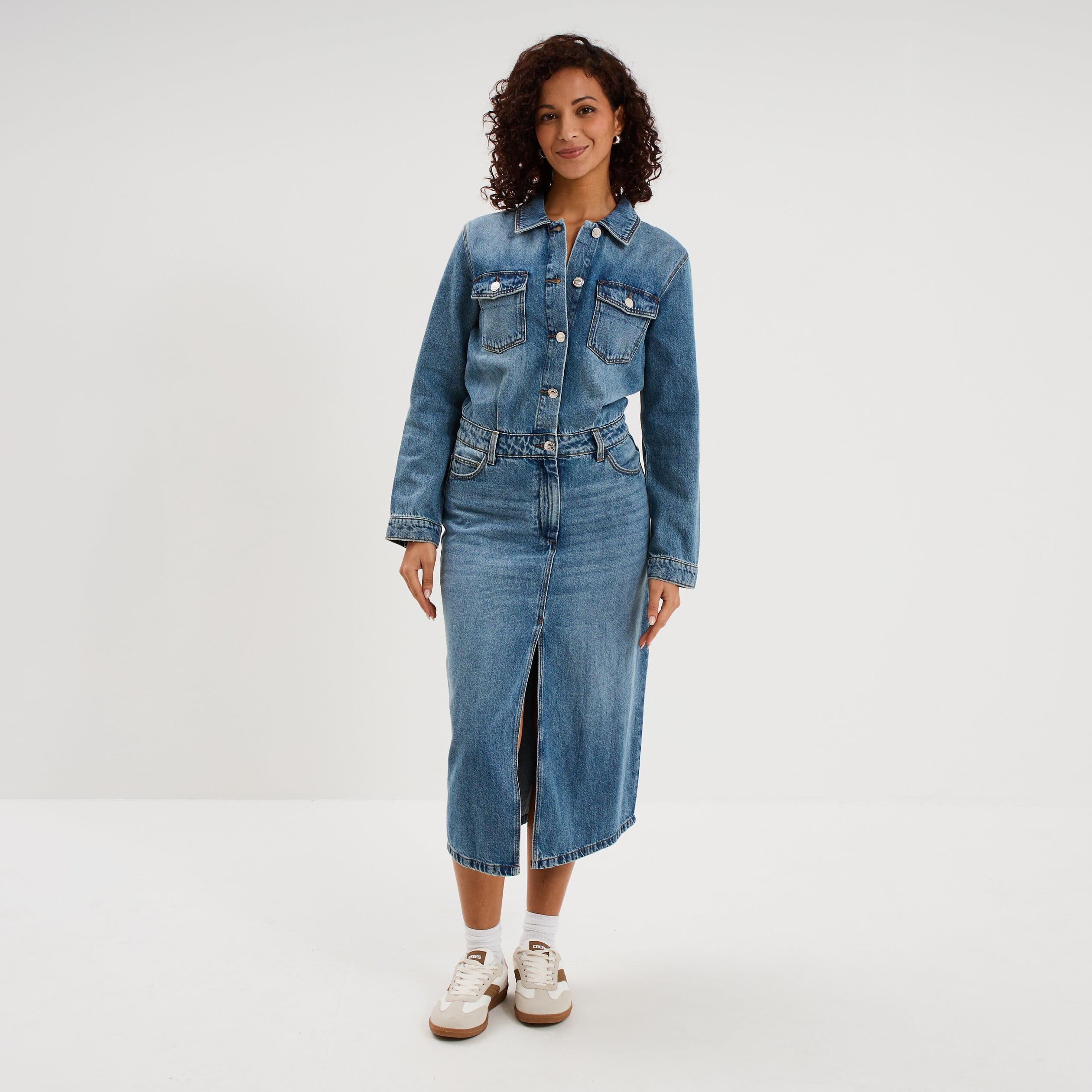 Robe longue en jean manches longues denim double stone femme