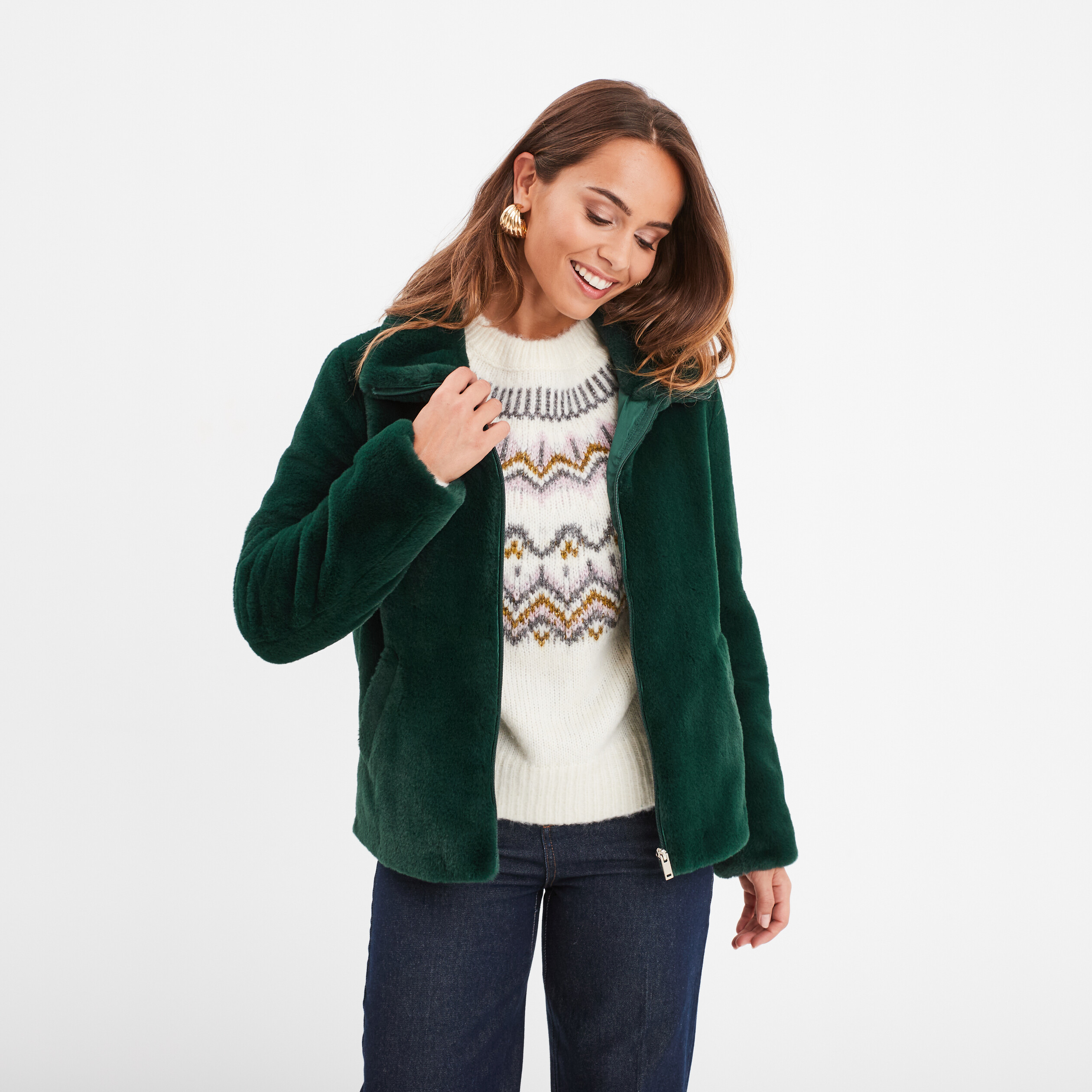 veste fausse fourrure zippee vert fonce femme Veste fausse fourrure zippée vert foncé femme