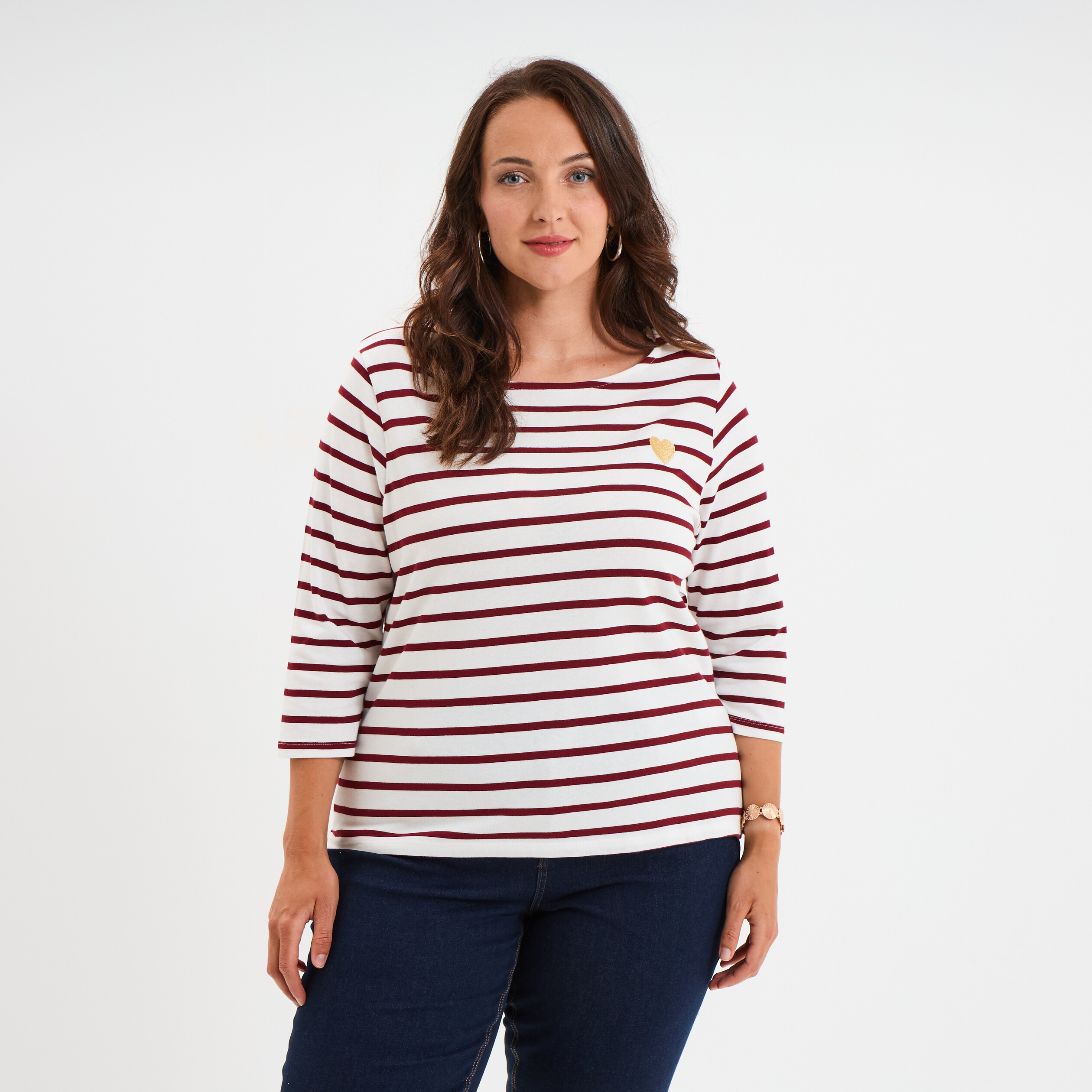 t shirt col rond manches 34 coton ecru femmegt T-shirt col rond manches 3/4 coton ecru femme grande taille